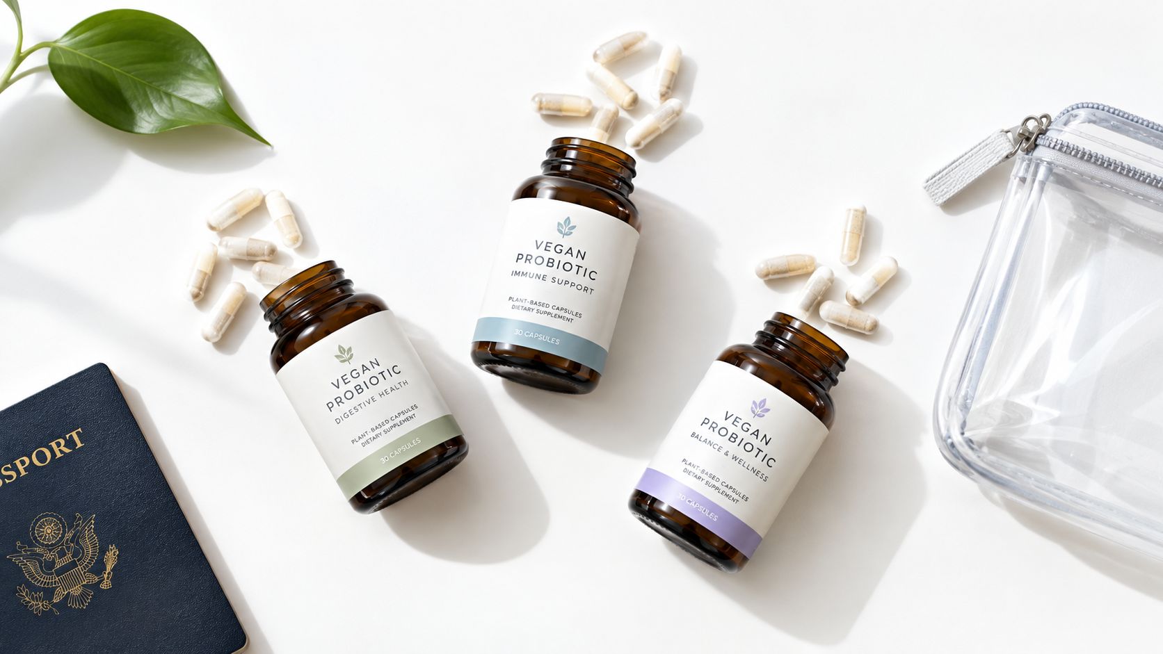 Three glass bottles of vegan probiotic capsules arranged next to a passport and a clear travel bag.