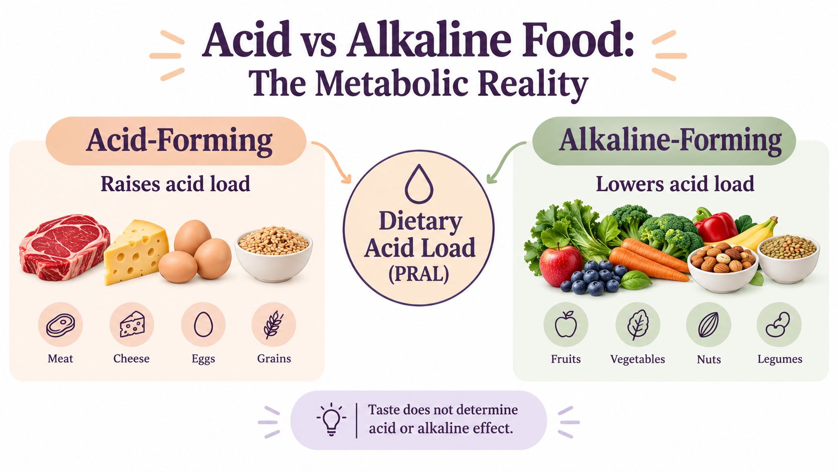 An infographic comparing acid-forming and alkaline-forming foods with examples and their metabolic reality.