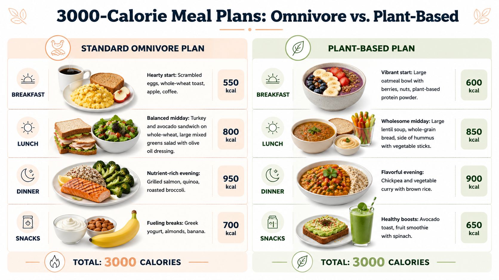 A comparison infographic showing a 3000-calorie daily meal plan for both omnivore and plant-based diets.