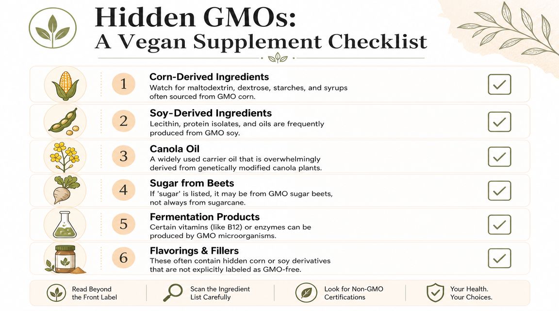 A checklist infographic listing six common hidden GMO ingredients found in vegan supplements and nutrition products.