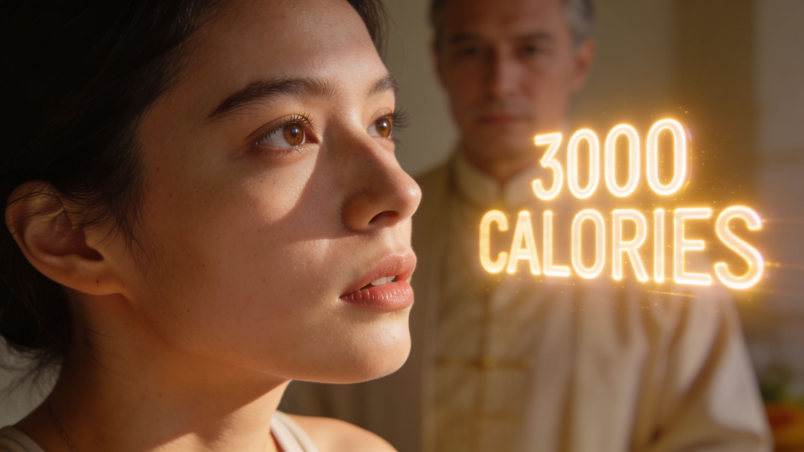 A young woman gazes upward with a glowing hologram of 3000 calories floating in the air.