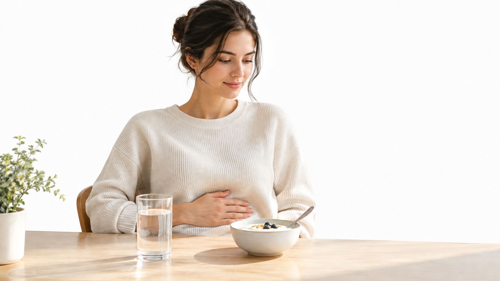 A smiling pregnant woman sitting at a table with a bowl of yogurt and a glass of water.