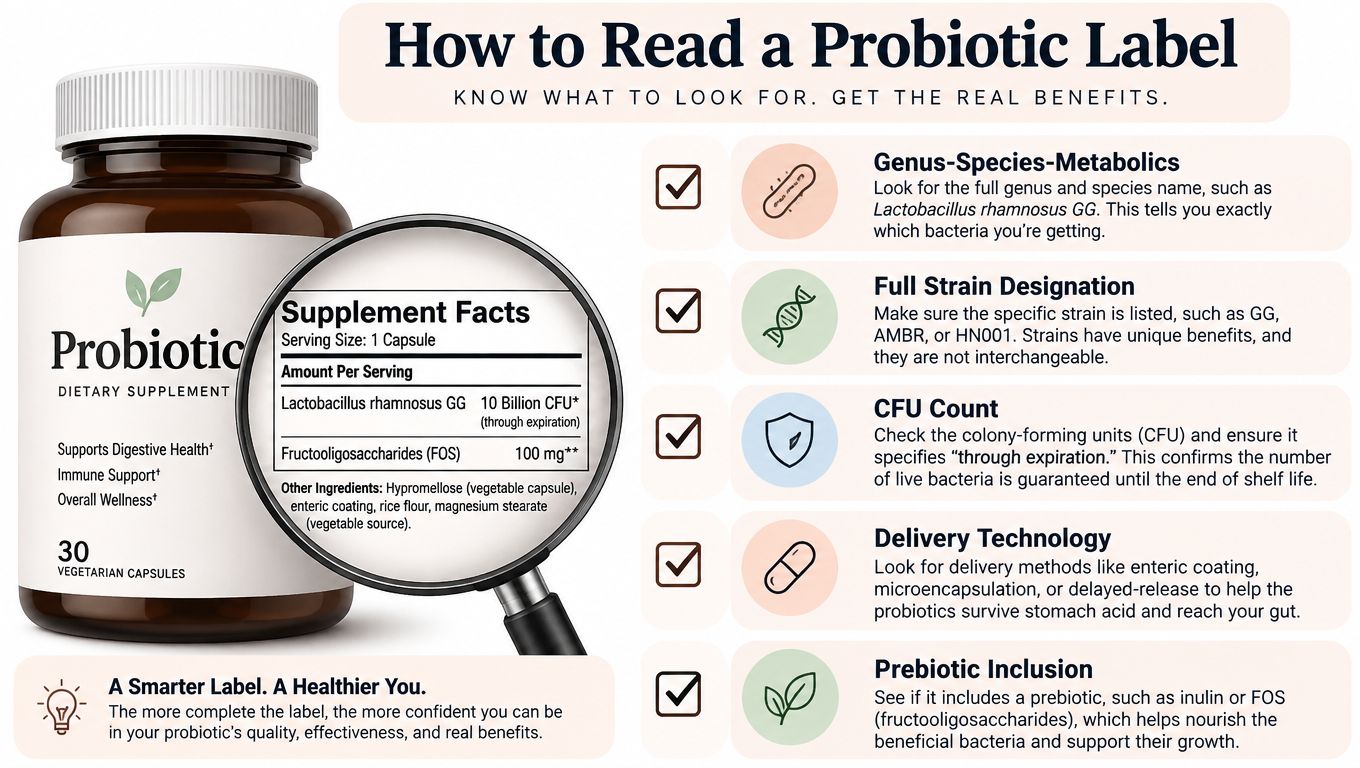 An infographic titled How to Read a Probiotic Label, showing a supplement bottle and key factors to check.