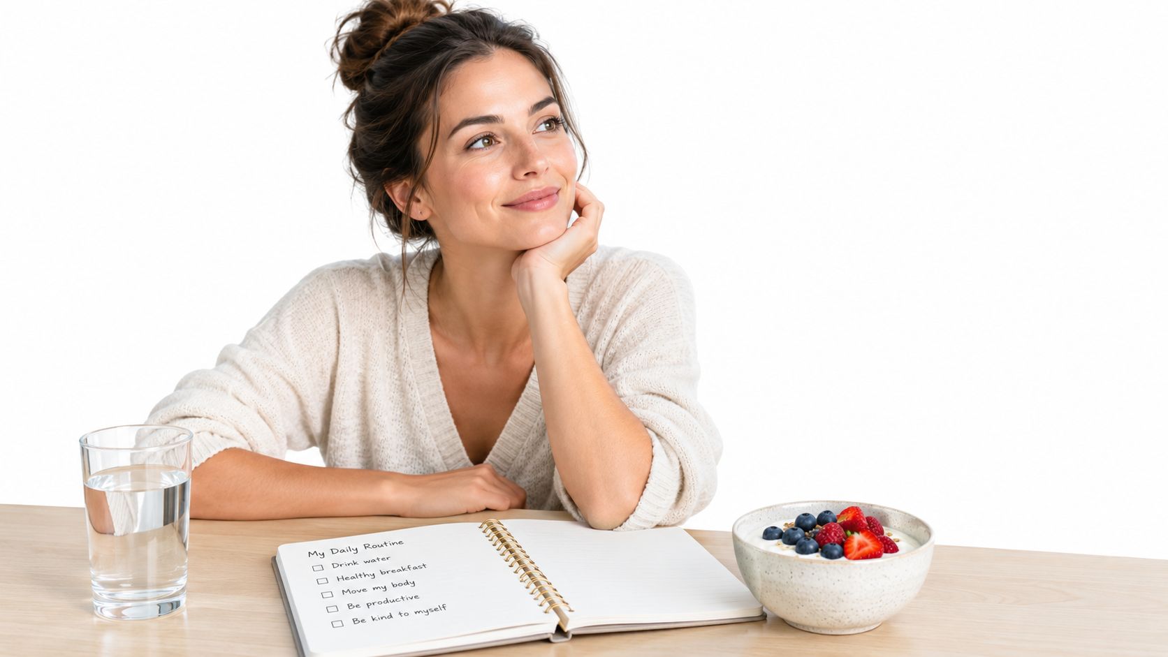 A smiling woman sits at a table with a healthy breakfast, a glass of water, and a planner.