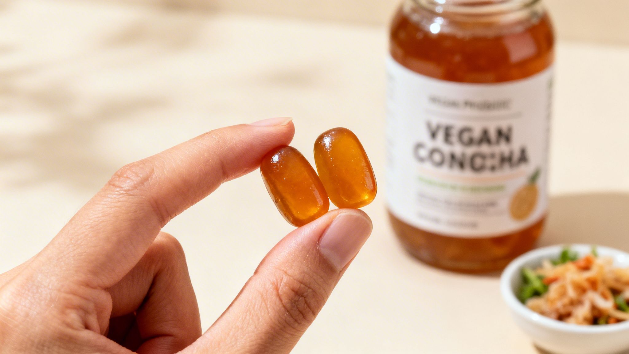 A hand delicately holds two amber-colored vegan gummies with a blurred jar of Vegan Concha in the background.