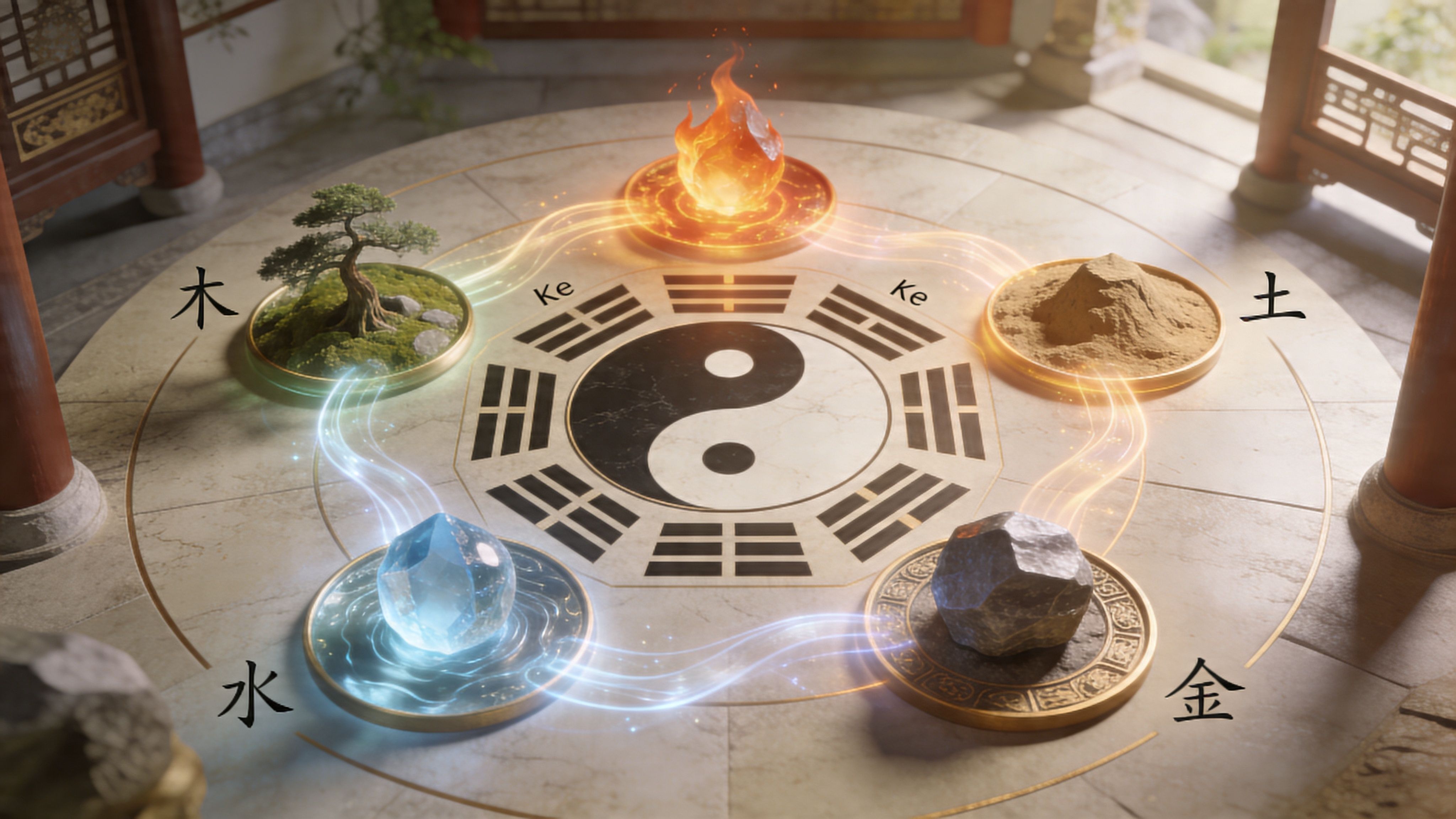 An artistic depiction of five Chinese elements including wood, fire, earth, metal, and water around a yin-yang symbol.