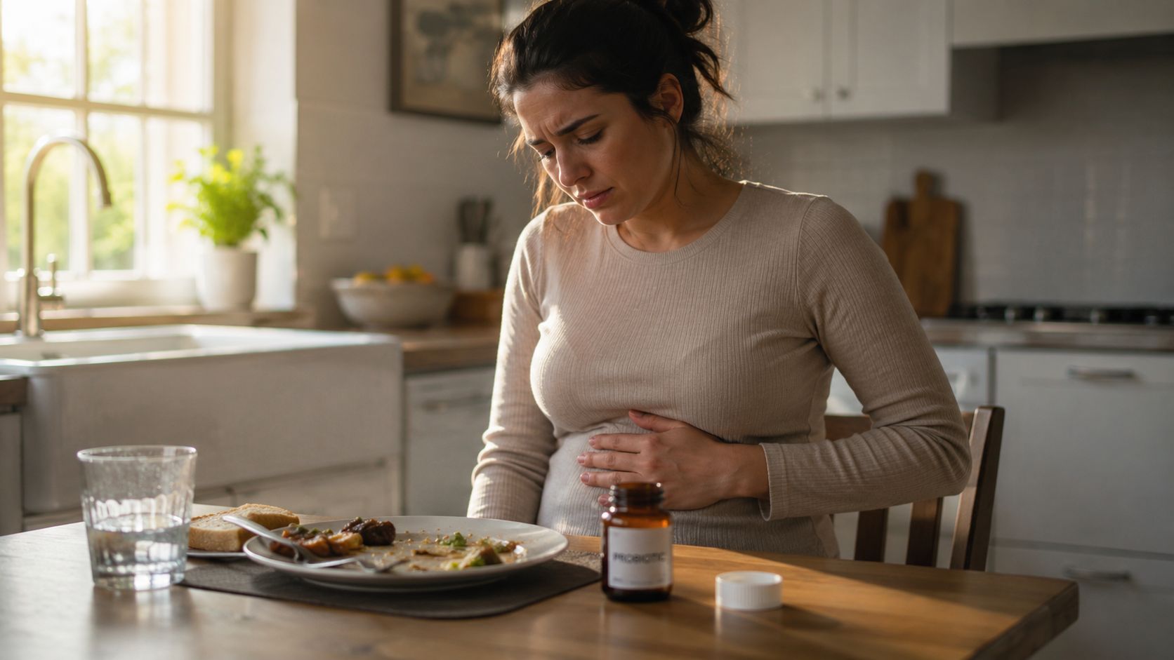 A woman holding her stomach in pain after a meal while looking at a probiotic supplement bottle.