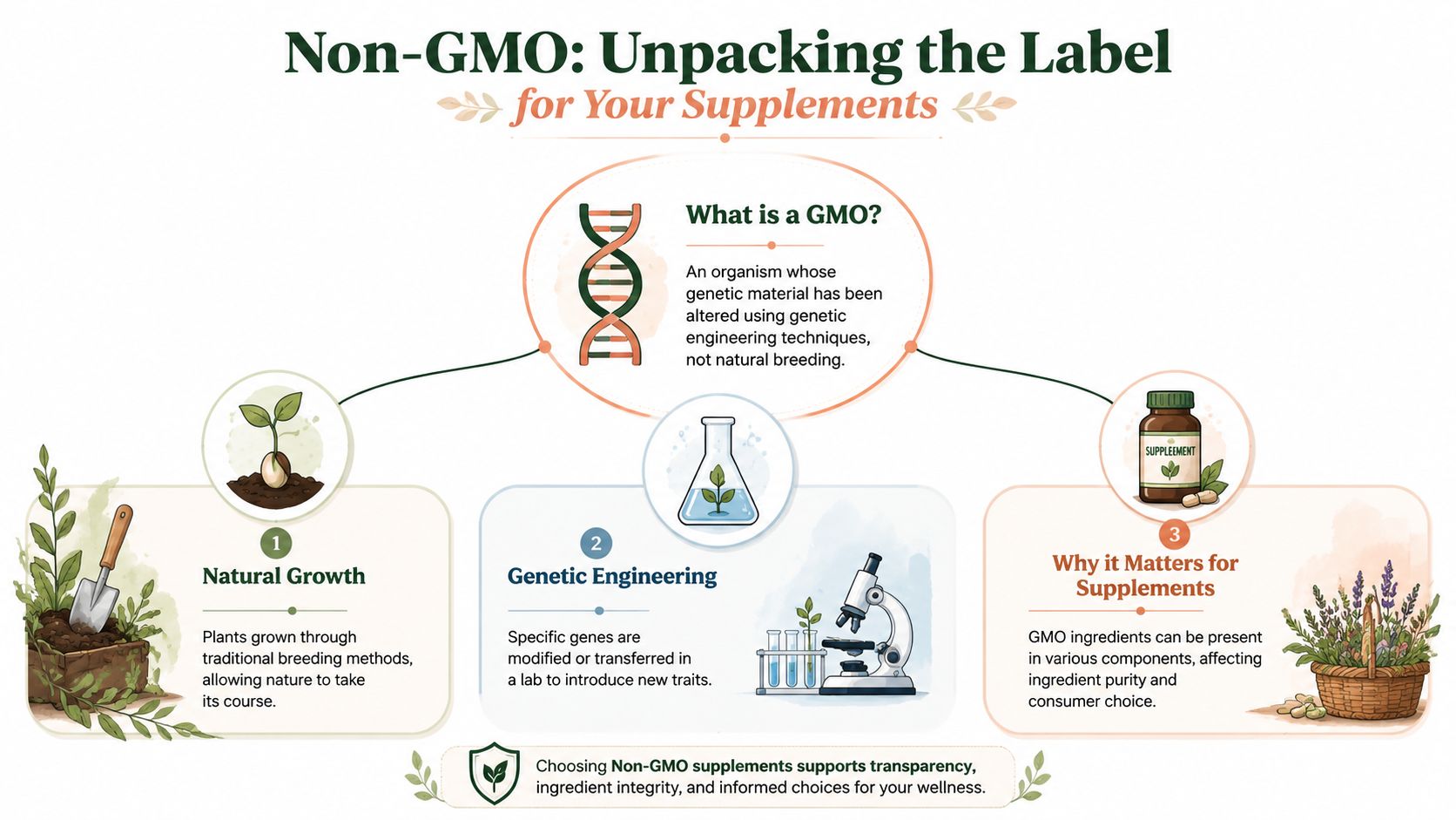 An infographic explaining non-GMO concepts, natural growth, genetic engineering, and why it matters for dietary supplements.