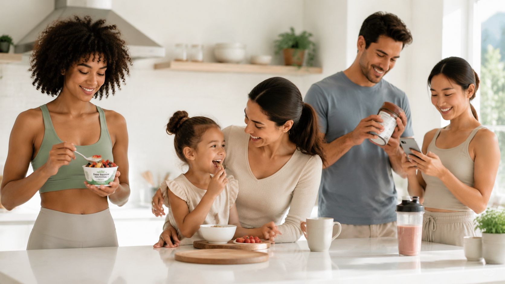 A diverse group of people enjoying healthy breakfast bowls and smoothies in a bright, modern kitchen.