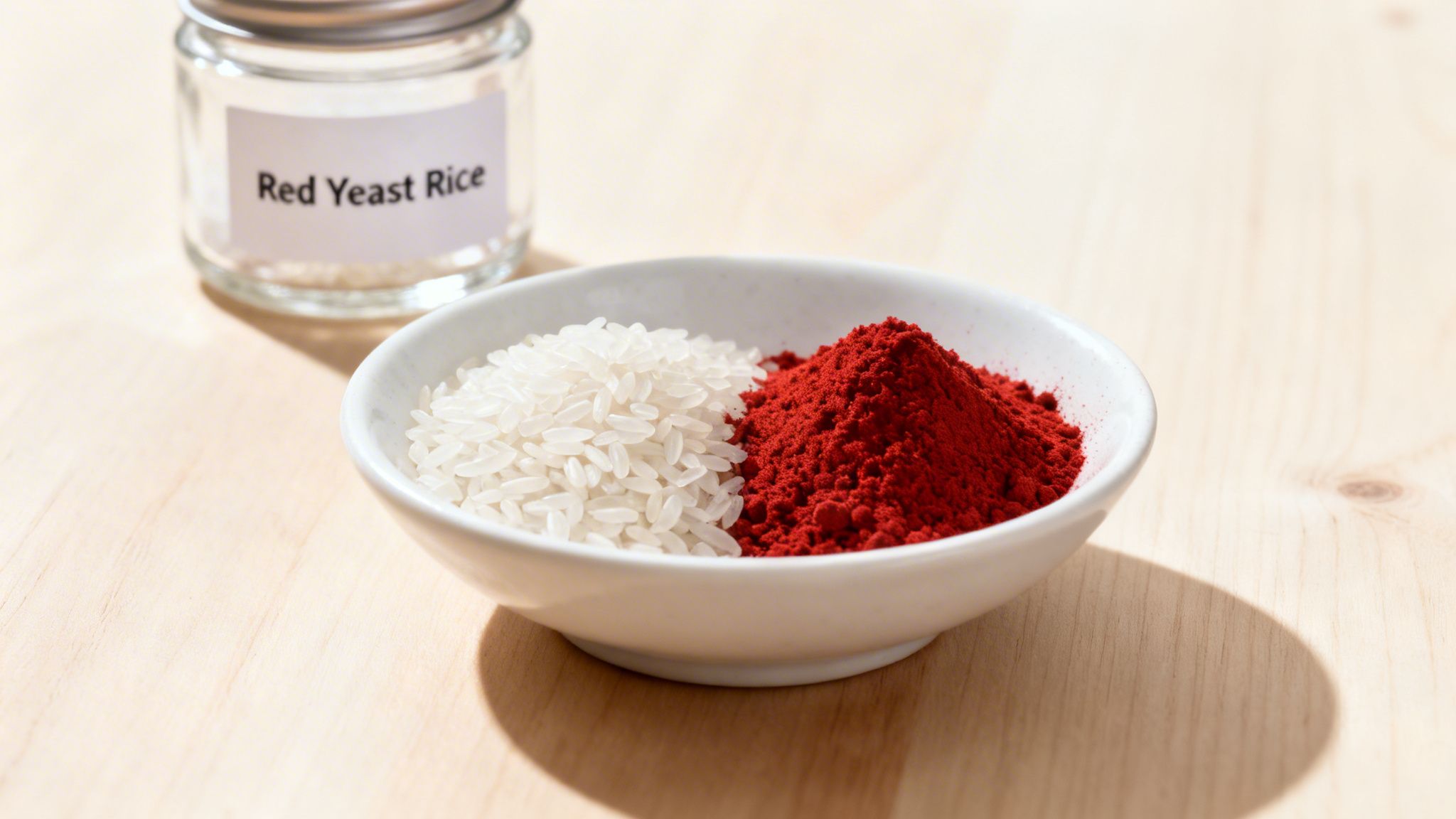 A white bowl containing white rice and a pile of red yeast rice powder, with a labeled jar in the background.