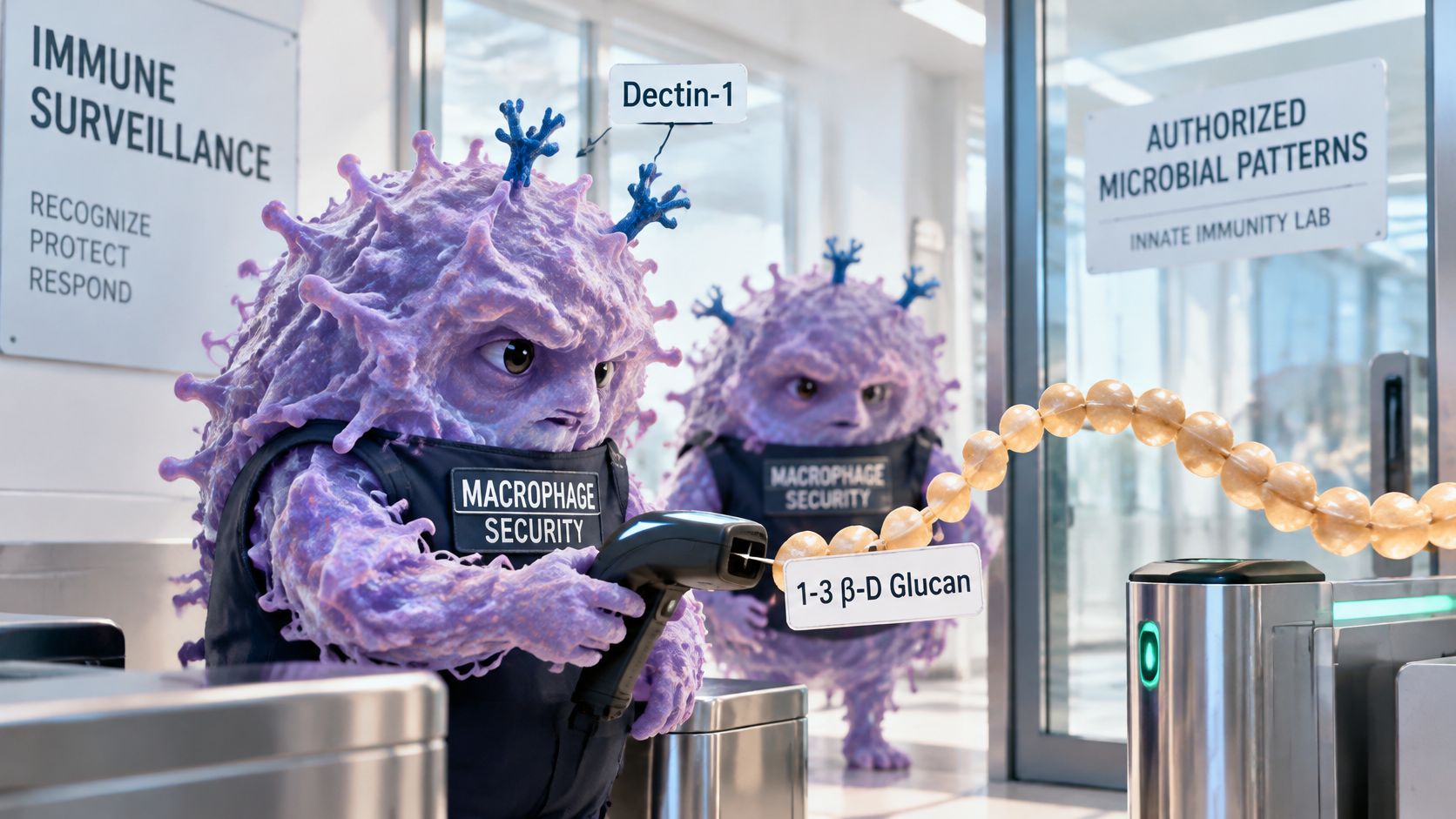 Two purple macrophage characters acting as security guards scanning a 1-3 beta D glucan molecule at a checkpoint.
