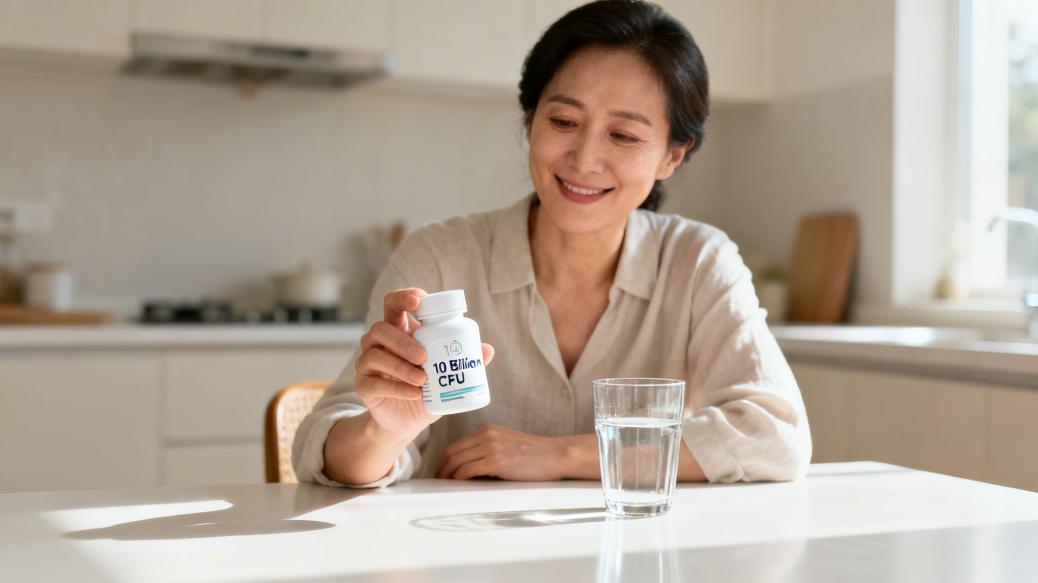 A smiling Asian woman in a sunny kitchen holds a white bottle of 10 Billion CFU probiotics.