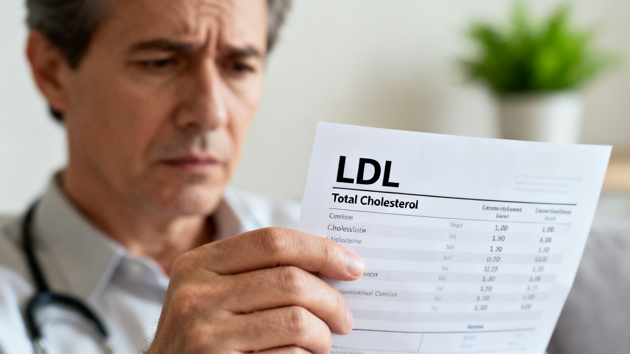 A concerned man in a white shirt holds a medical report displaying LDL and Total Cholesterol levels.