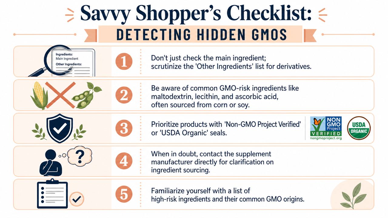 A five-step checklist illustrating how shoppers can identify and avoid hidden GMO ingredients in products.