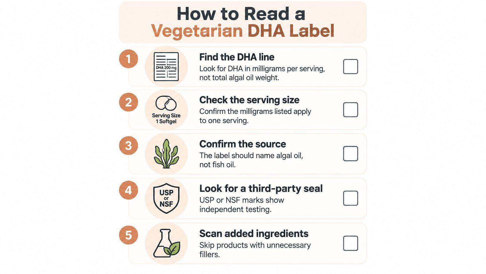 An infographic detailing five essential steps to properly read a vegetarian DHA supplement label.