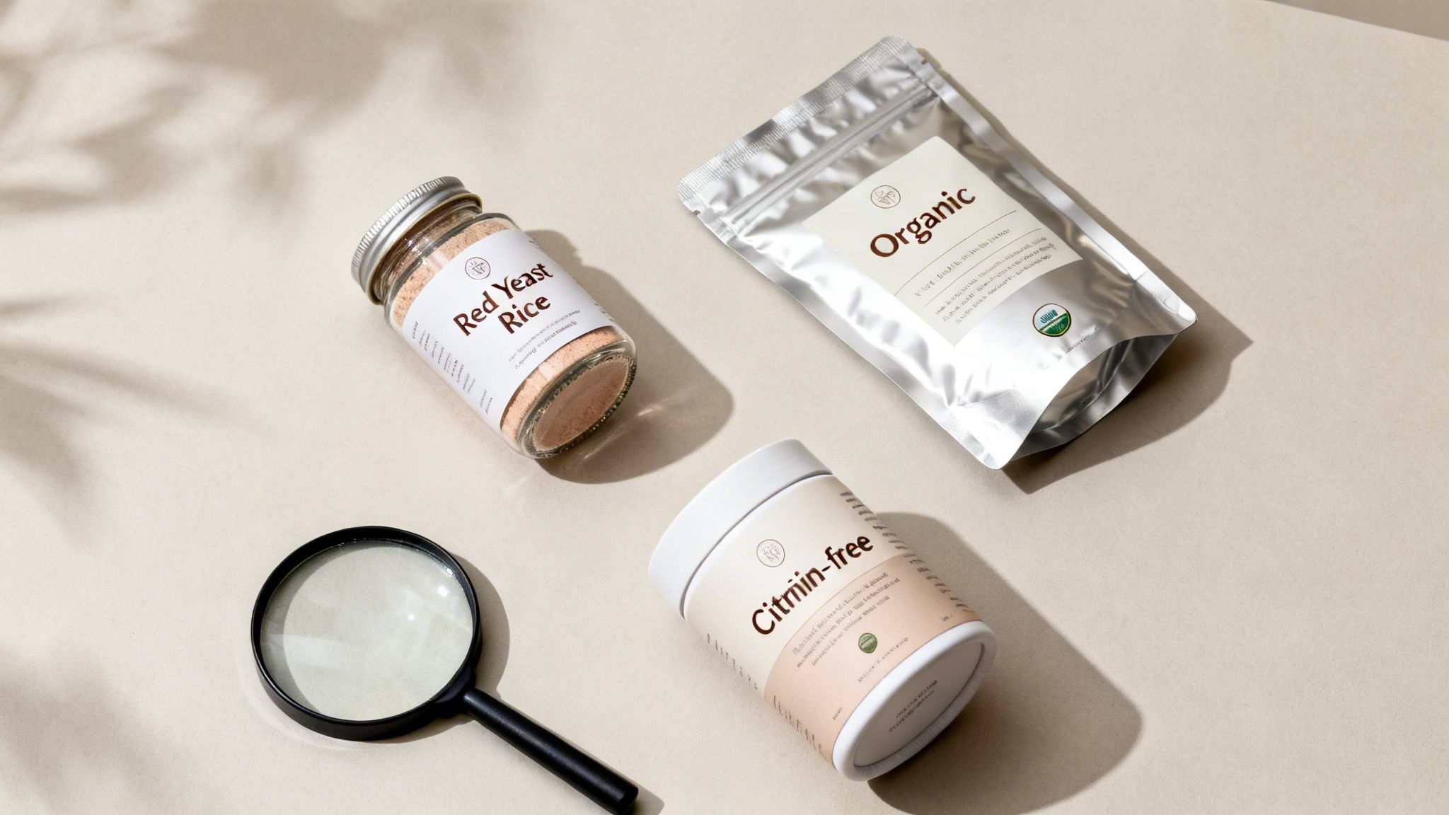 Various health supplements including red yeast rice, organic powder, and Citmin-free container, with a magnifying glass.