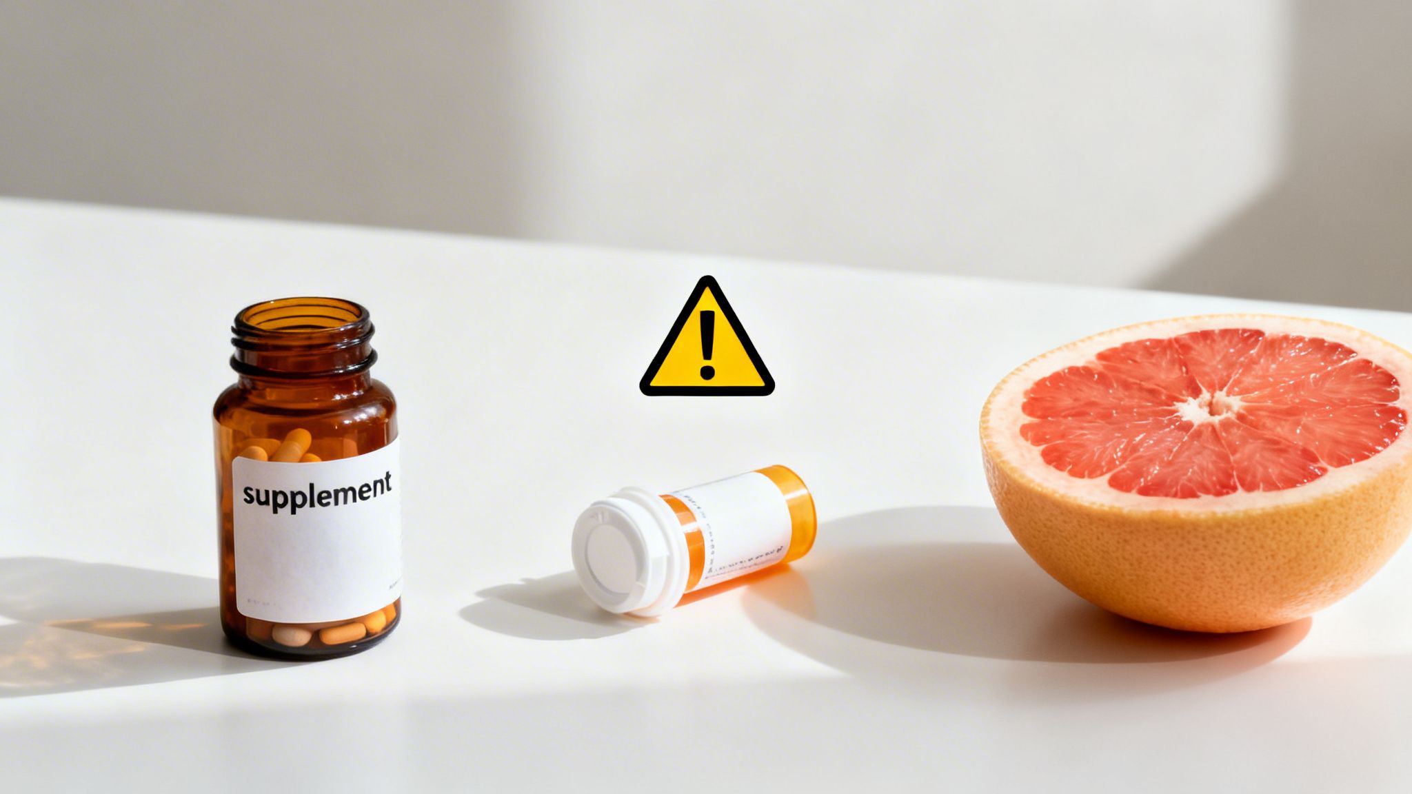 A warning sign above supplement and prescription bottles, next to a halved grapefruit.
