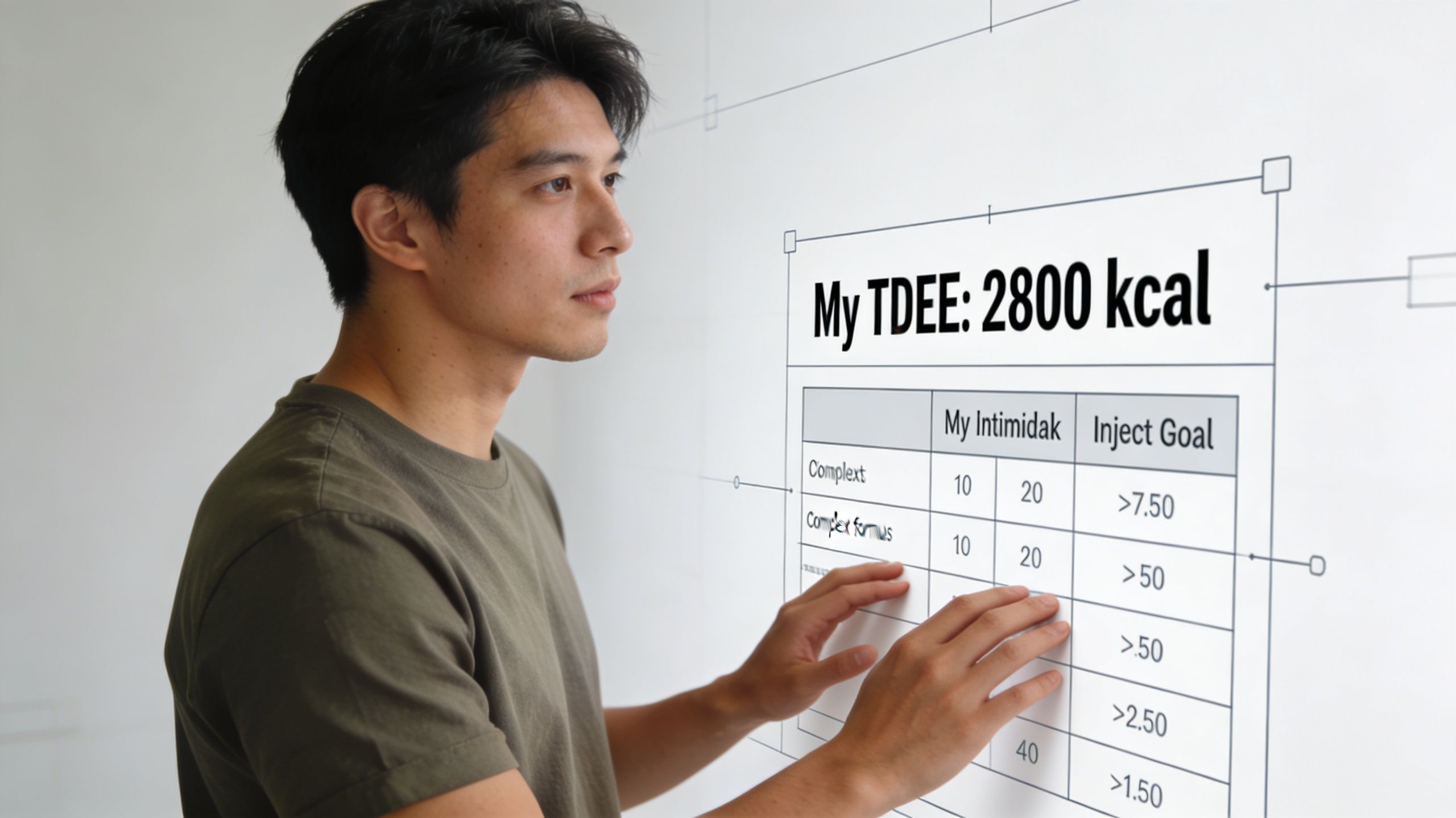 A young man interacting with a digital display showing a TDEE calorie calculation chart.