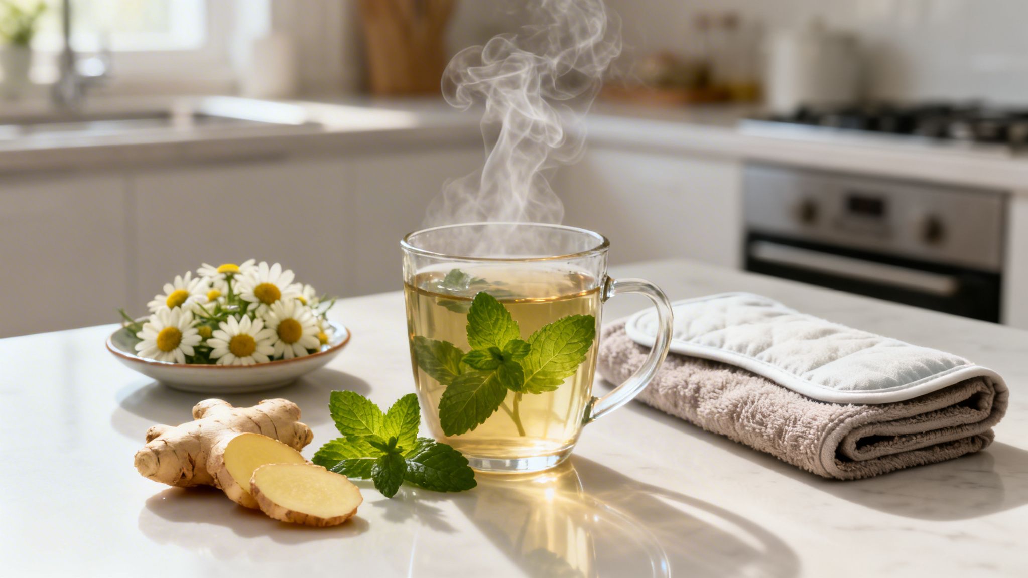 A steaming cup of mint tea with fresh ginger, daisies, and a towel on a kitchen counter.