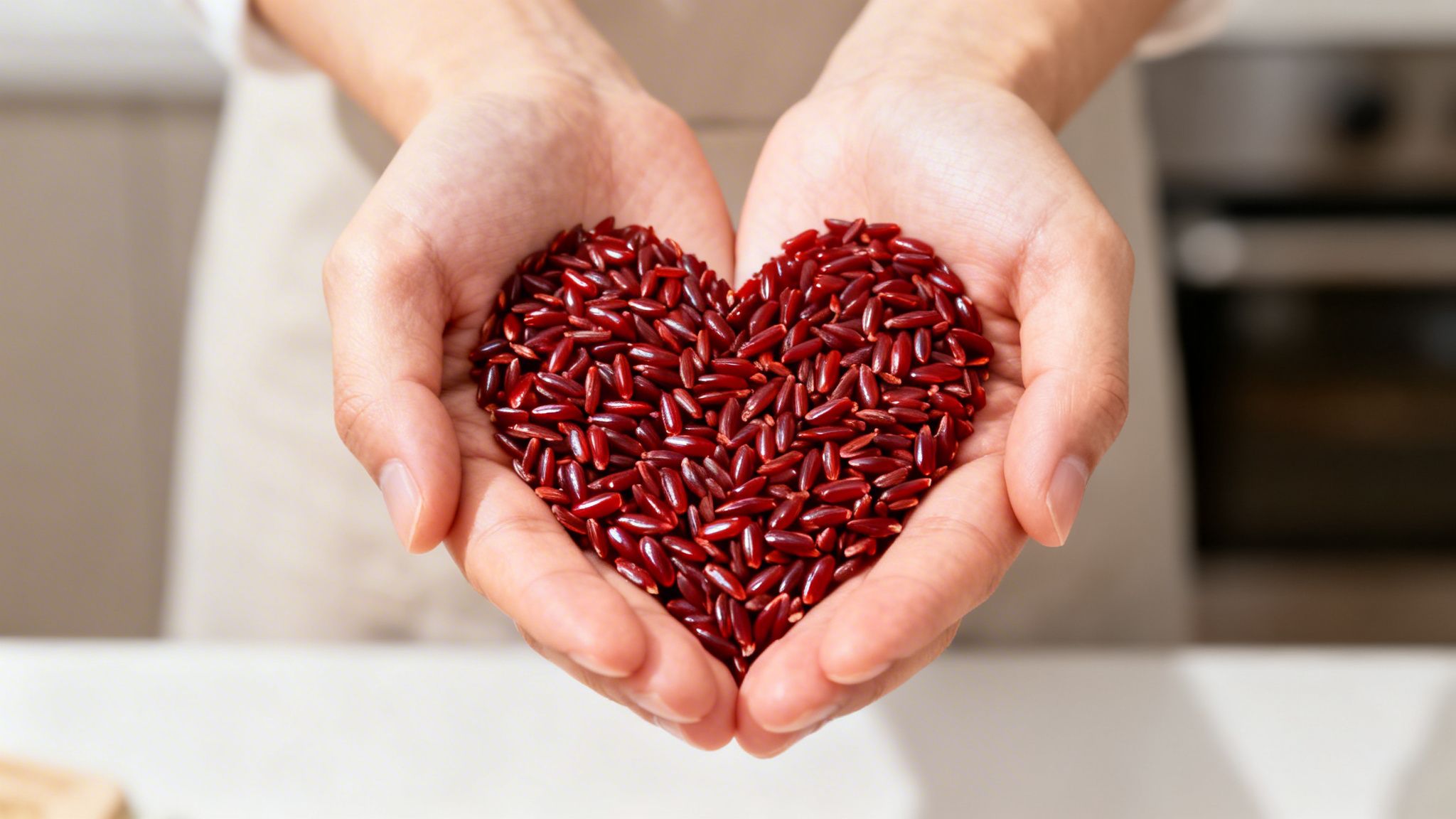 Close-up of hands gently holding vibrant red rice grains shaped into a heart.