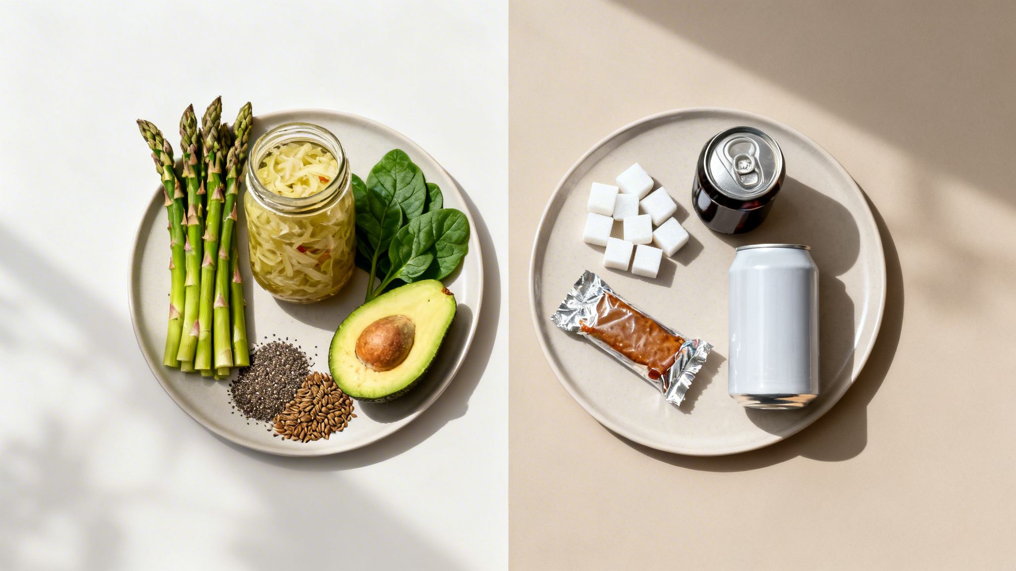 A split image showing a plate with healthy foods like asparagus and avocado, and another plate with sugary snacks and drinks.