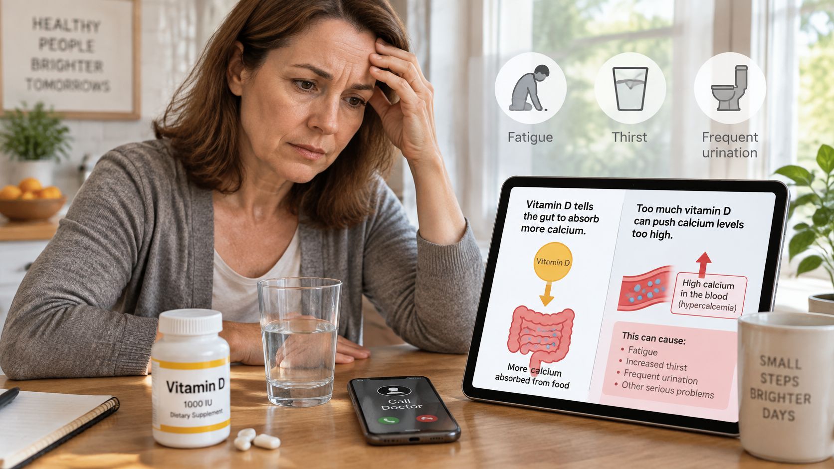 A woman looks concerned at a tablet explaining the health risks of excessive vitamin D supplementation intake.
