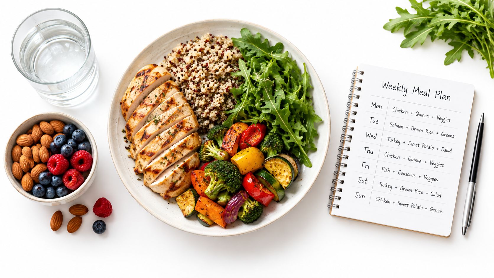 A healthy meal of grilled chicken, quinoa, and vegetables served next to a weekly meal planner.