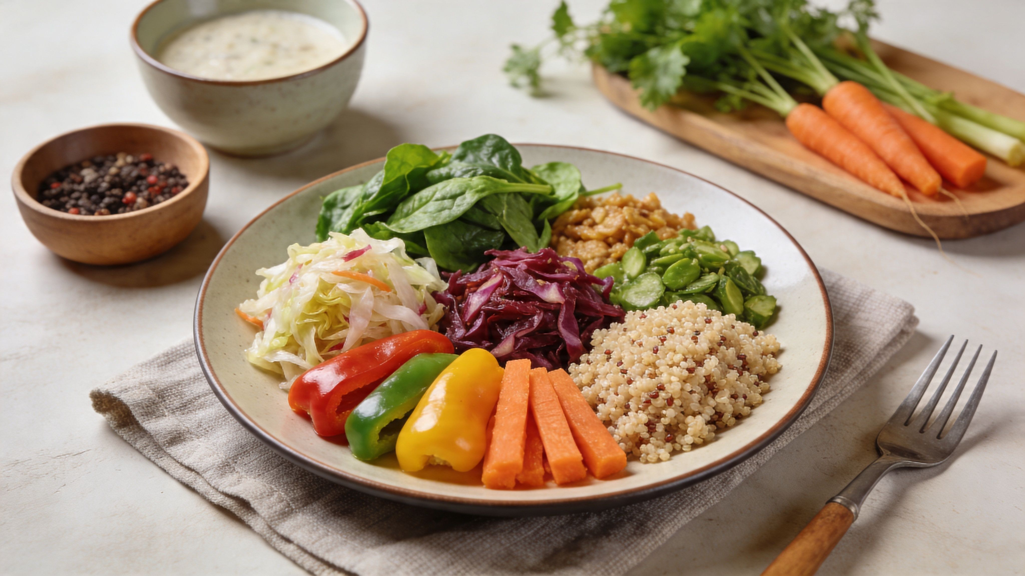 A colorful balanced buddha bowl featuring fresh spinach, quinoa, sliced peppers, carrots, red cabbage, and pickled vegetables.