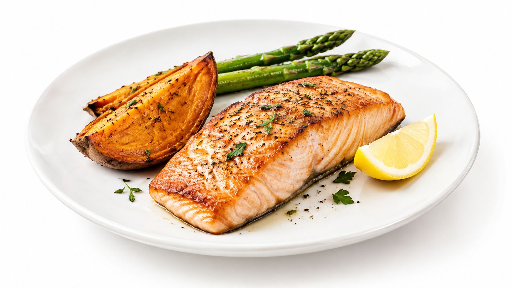 A grilled salmon fillet served with roasted sweet potato wedges and green asparagus on a white plate.