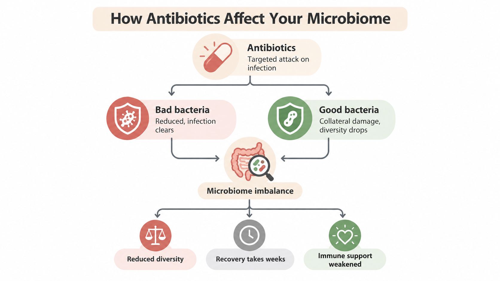 A diagram illustrating how antibiotics kill bad bacteria while causing collateral damage to good gut microbiota.