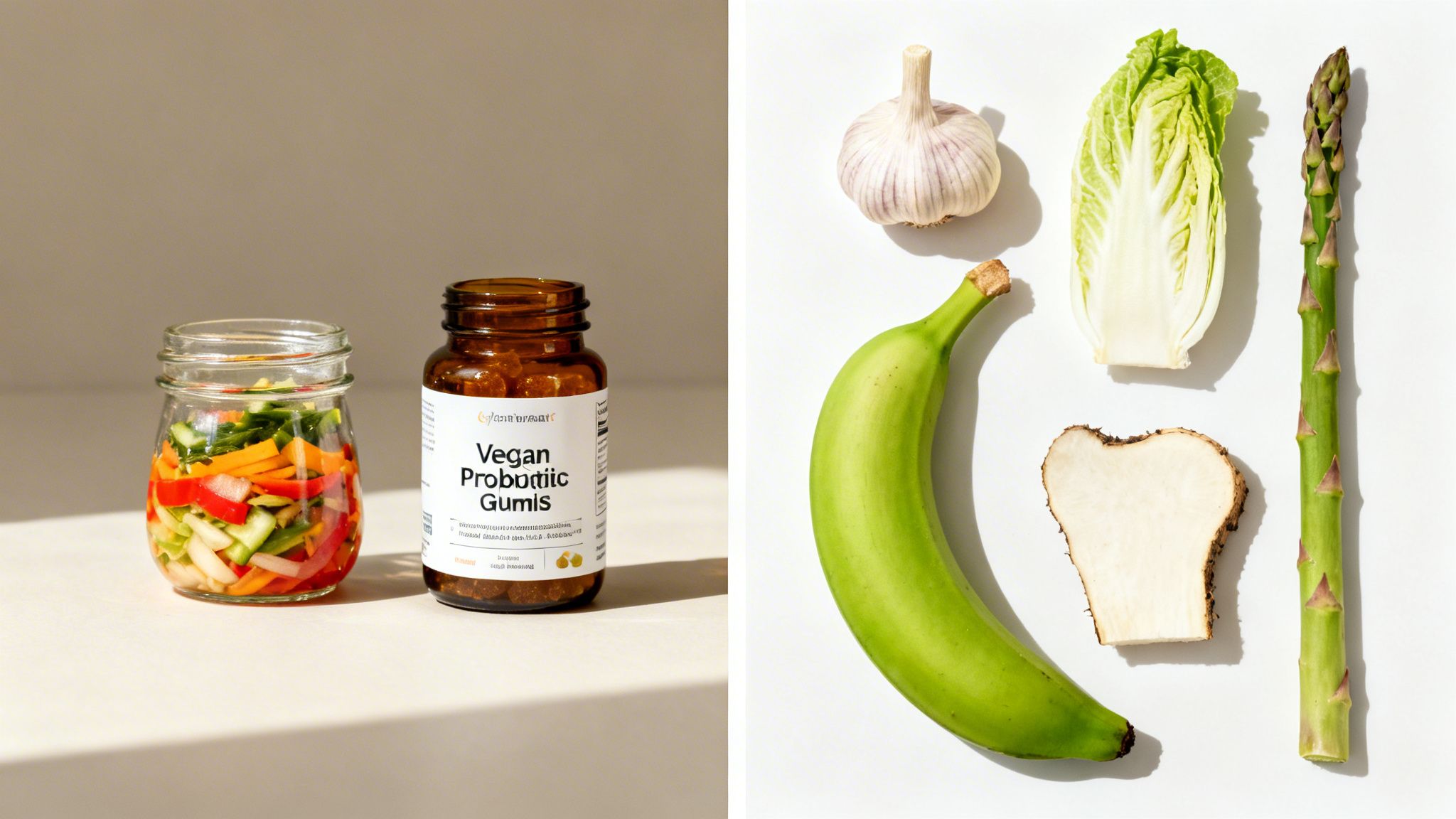 A jar of fermented vegetables and probiotic gummies, alongside fresh prebiotics like garlic, green banana, and asparagus.