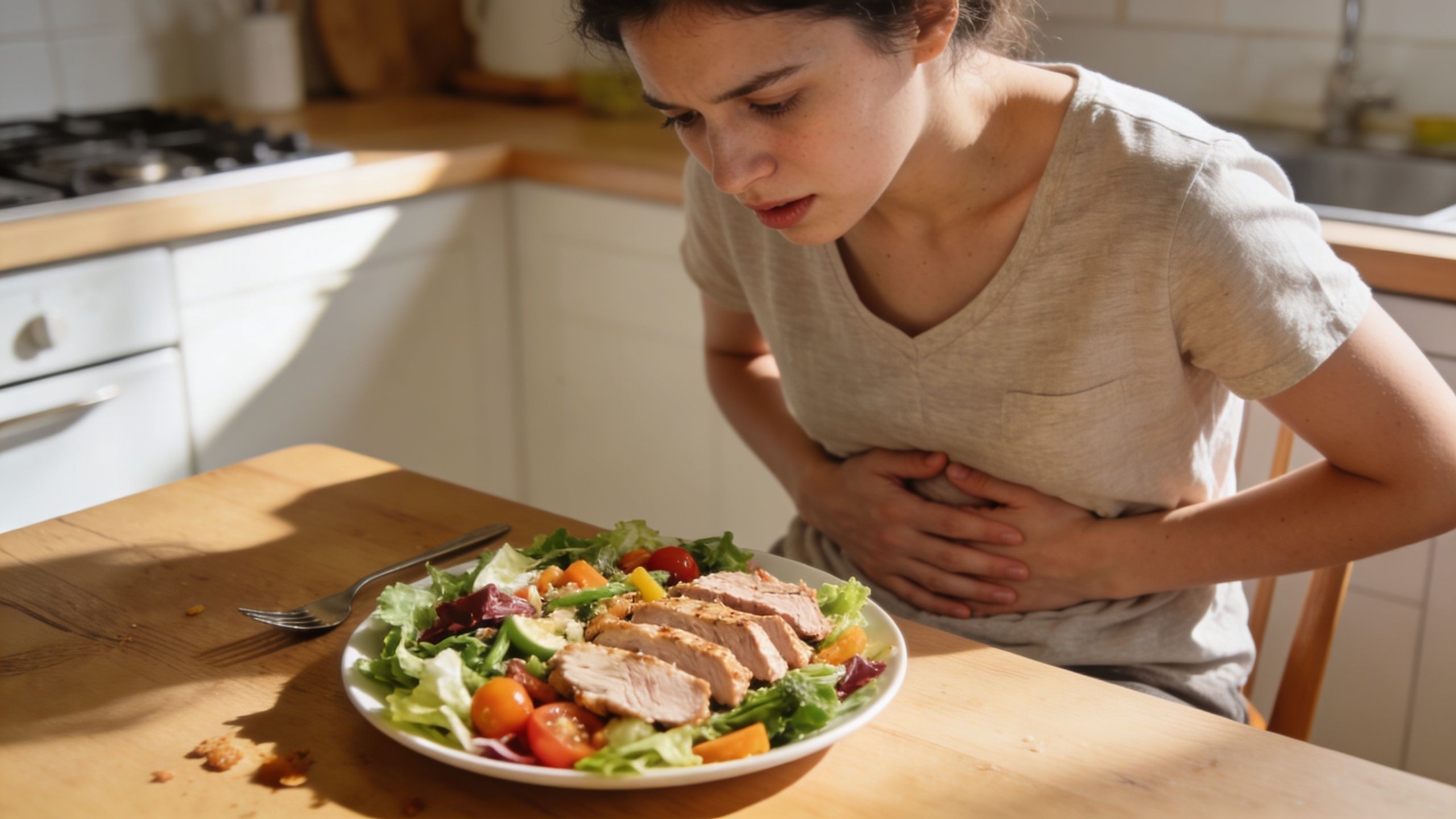 A woman holding her stomach in pain while sitting at a table with a healthy salad.