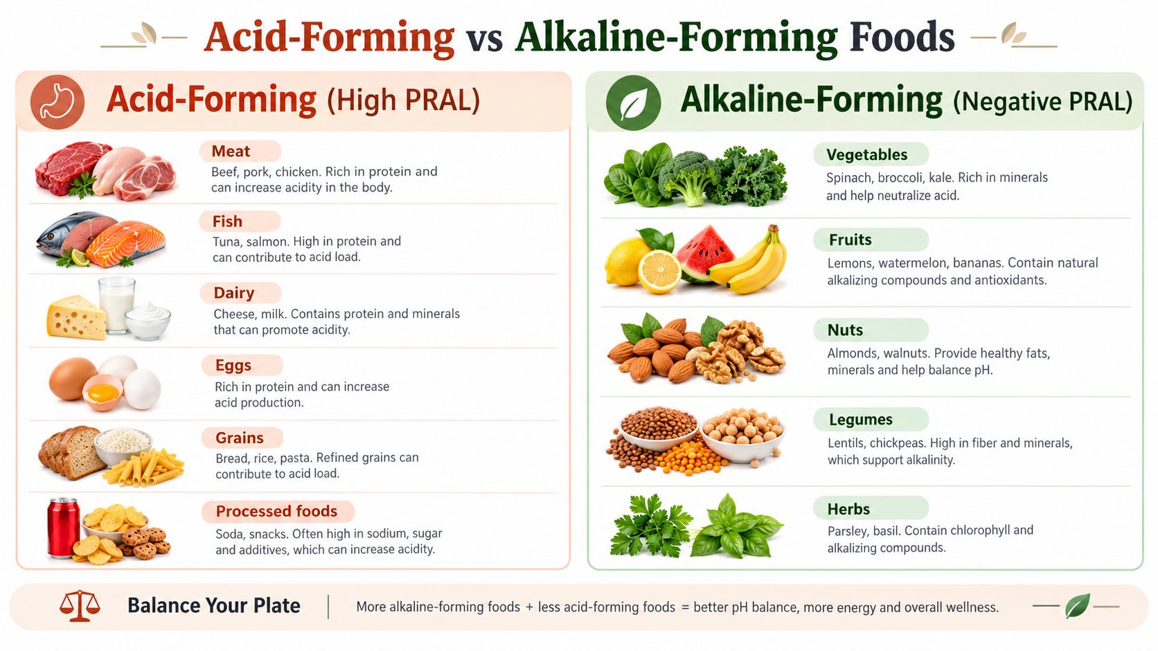 An infographic comparing acid-forming foods versus alkaline-forming foods with examples and dietary balance recommendations.