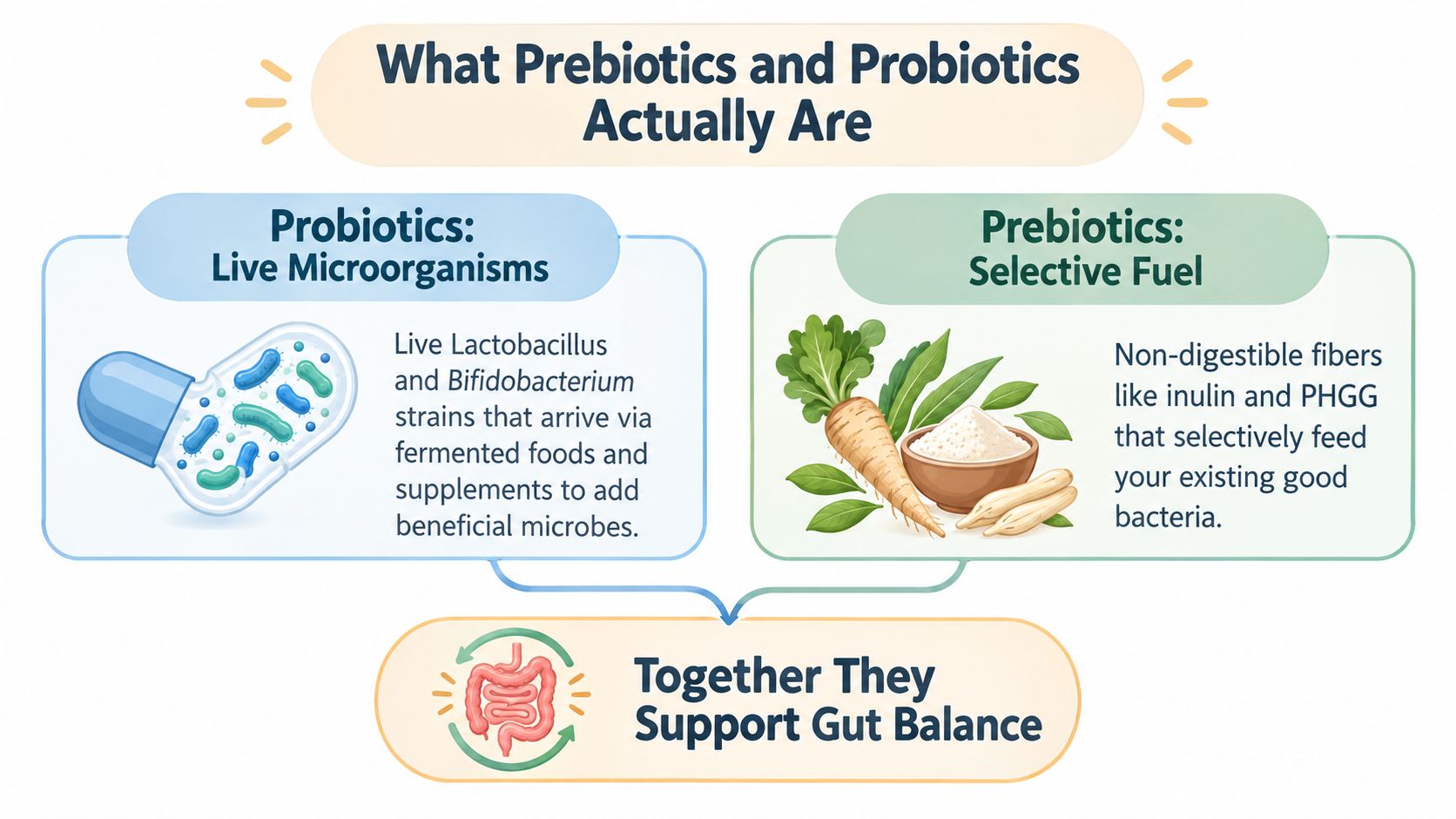 An infographic explaining the differences between prebiotics and probiotics and how they support healthy gut balance.