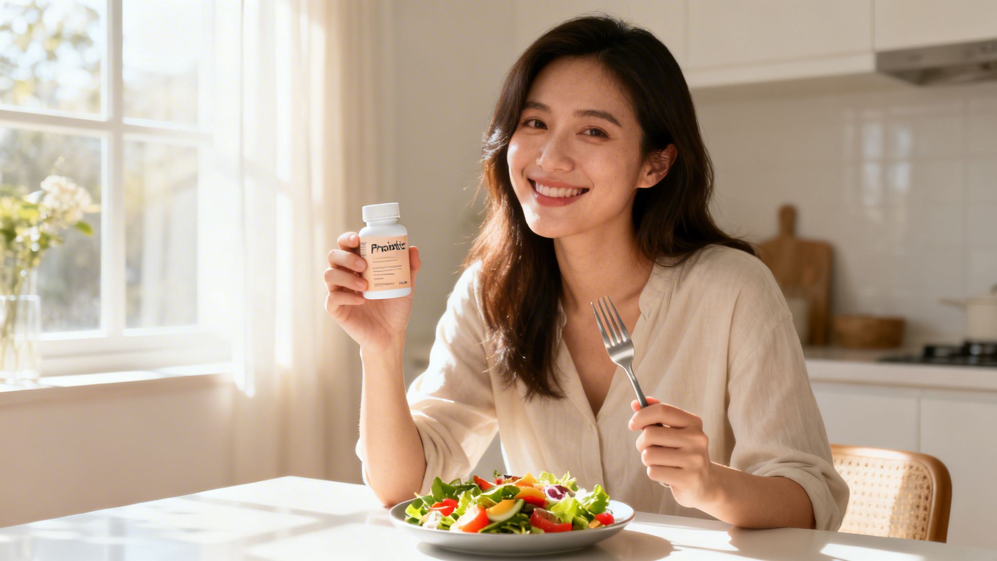 Smiling woman holding a probiotic bottle and fork, ready to eat a healthy salad.