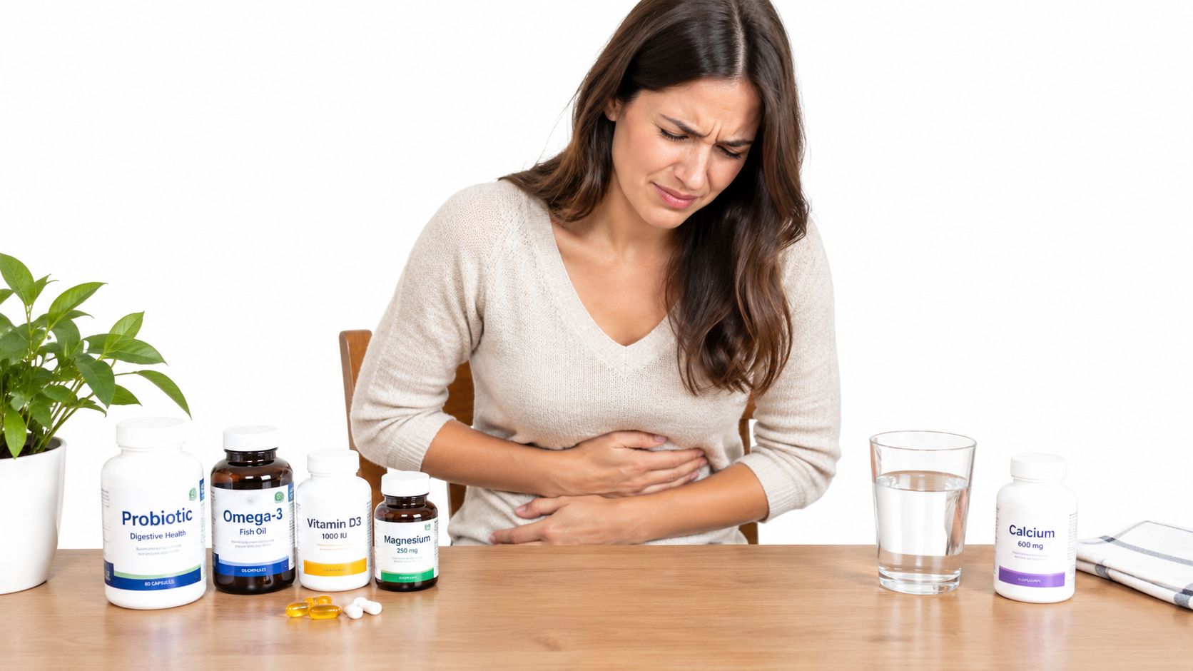 A woman in pain clutching her stomach with various nutritional supplement bottles and a glass of water nearby.