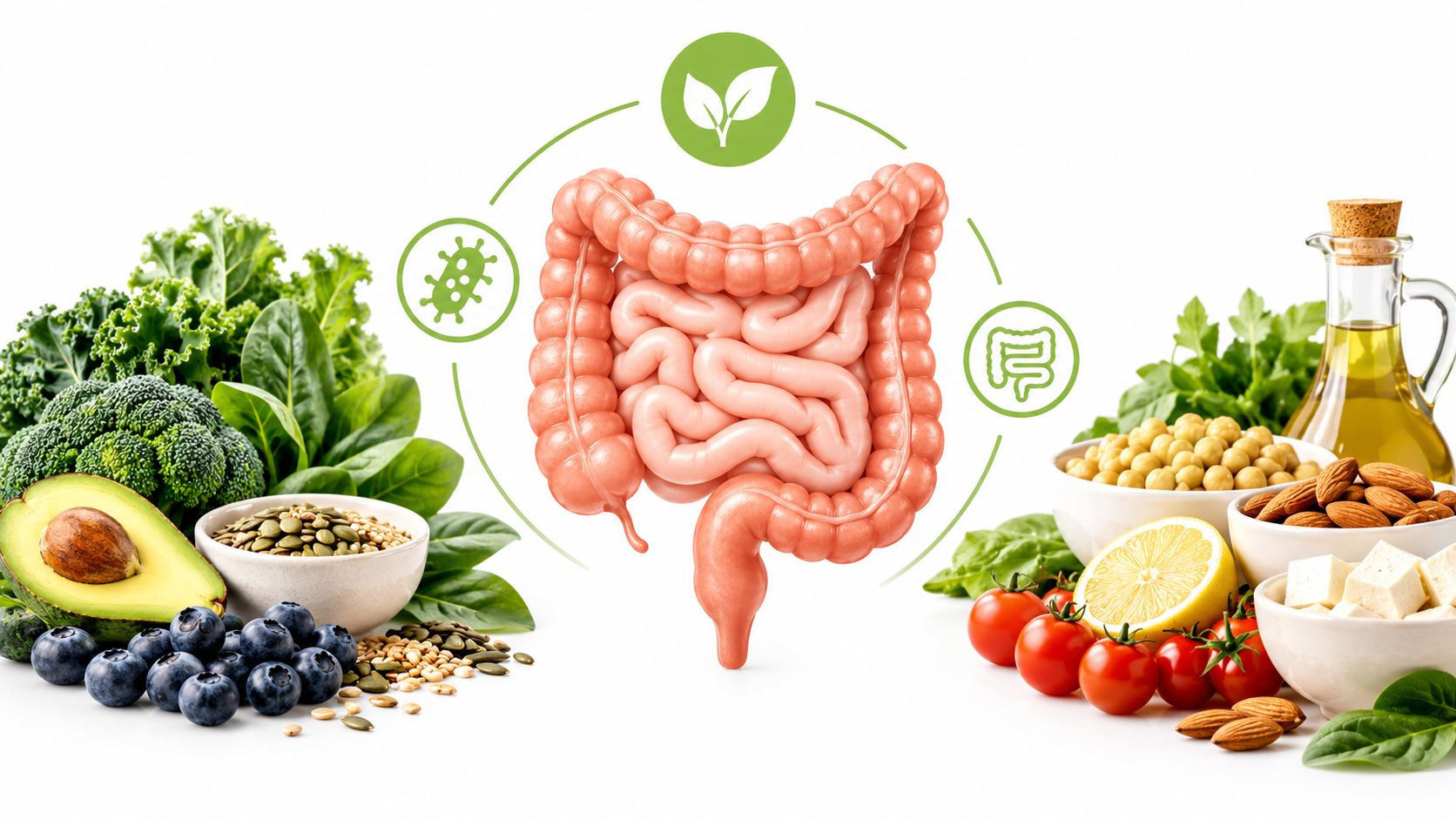 A healthy human digestive system surrounded by fresh nutritious foods including vegetables, fruits, nuts, and legumes.