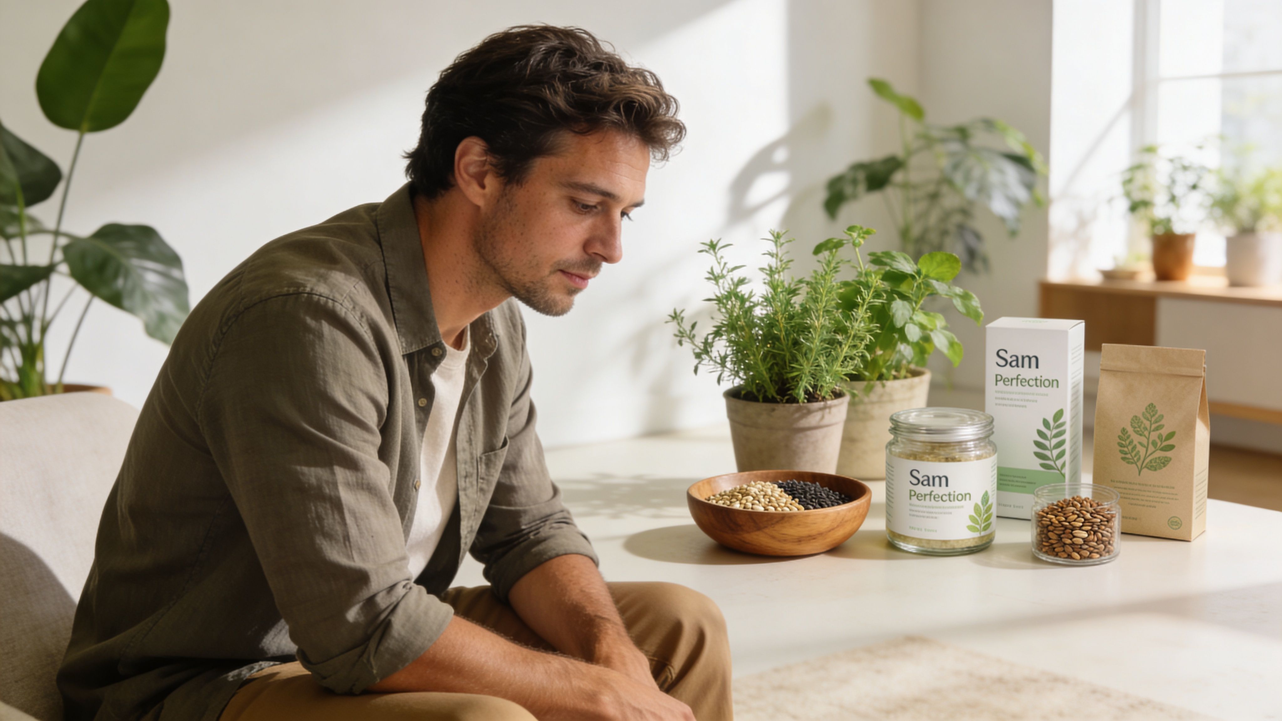 A man in a green shirt sits at a table with Sam Perfection brand herbal supplements and plants.
