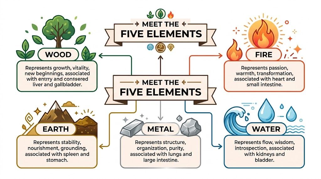 An infographic titled Meet the Five Elements displaying Wood, Fire, Earth, Metal, and Water characteristics.