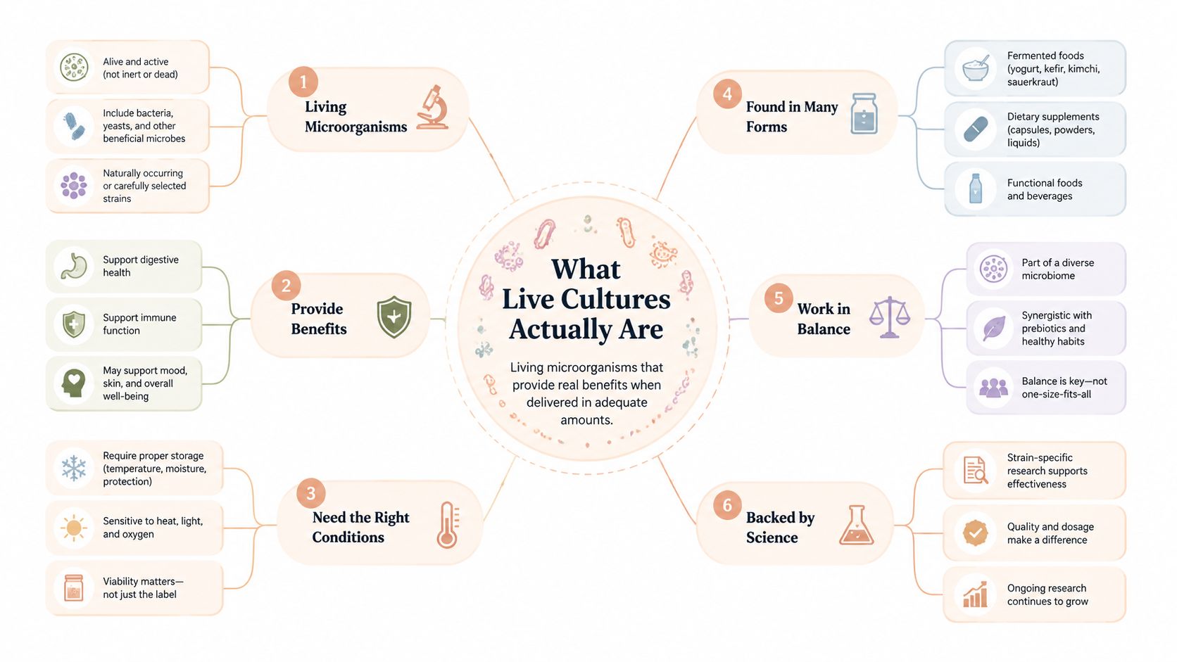 A mind map infographic illustrating the definition, benefits, and scientific requirements of live cultures in food.