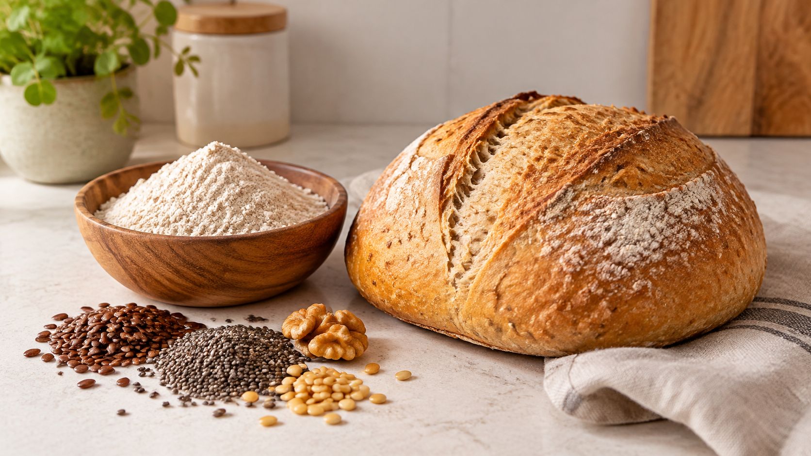 A rustic loaf of sourdough bread beside a wooden bowl of flour, seeds, and walnuts on marble.