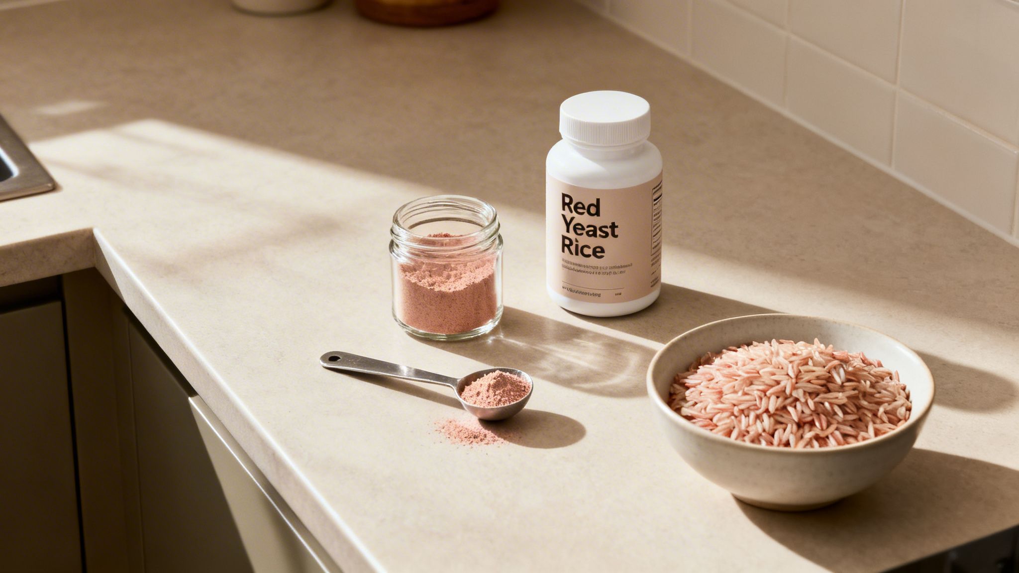 Red Yeast Rice supplement, powder in jar, and grains in a bowl on a kitchen counter.