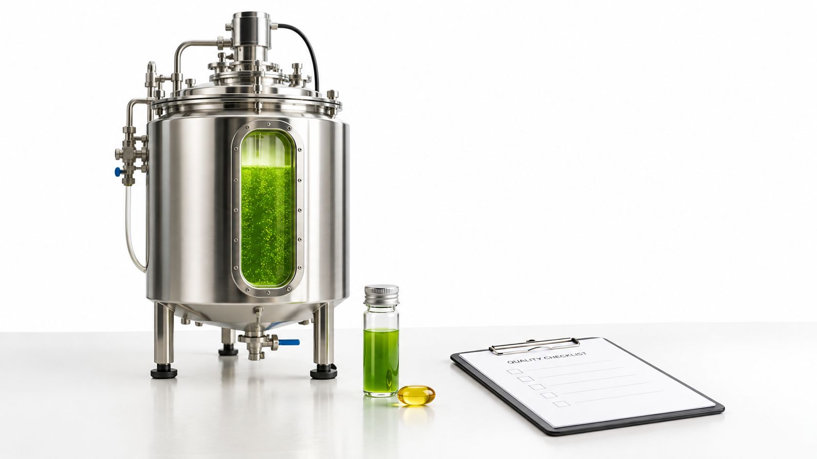 A stainless steel industrial bioreactor tank producing green algae next to a sample vial and quality checklist.