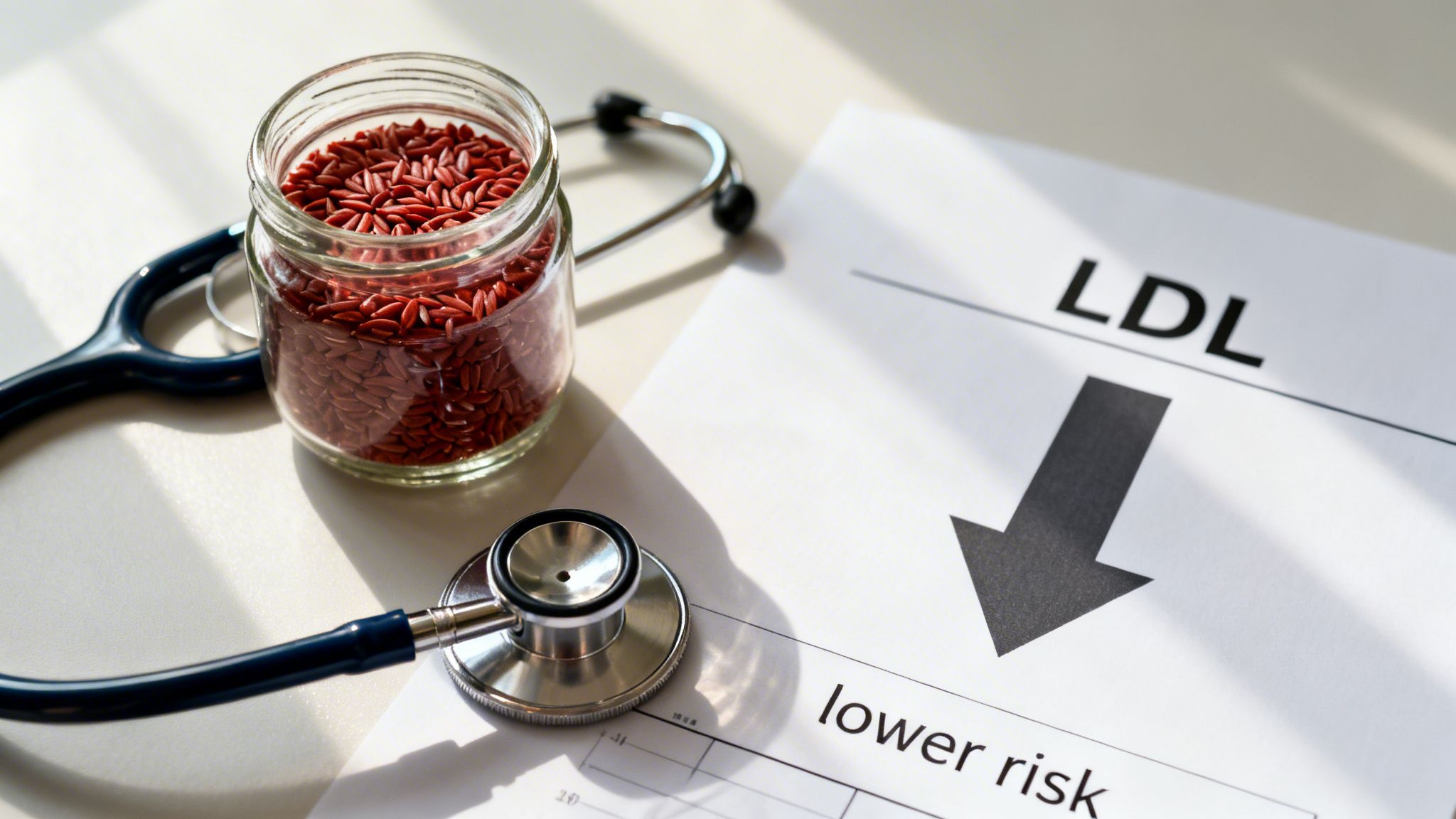 Stethoscope, red yeast rice in a jar, and a document showing 'LDL lower risk' with a downward arrow.