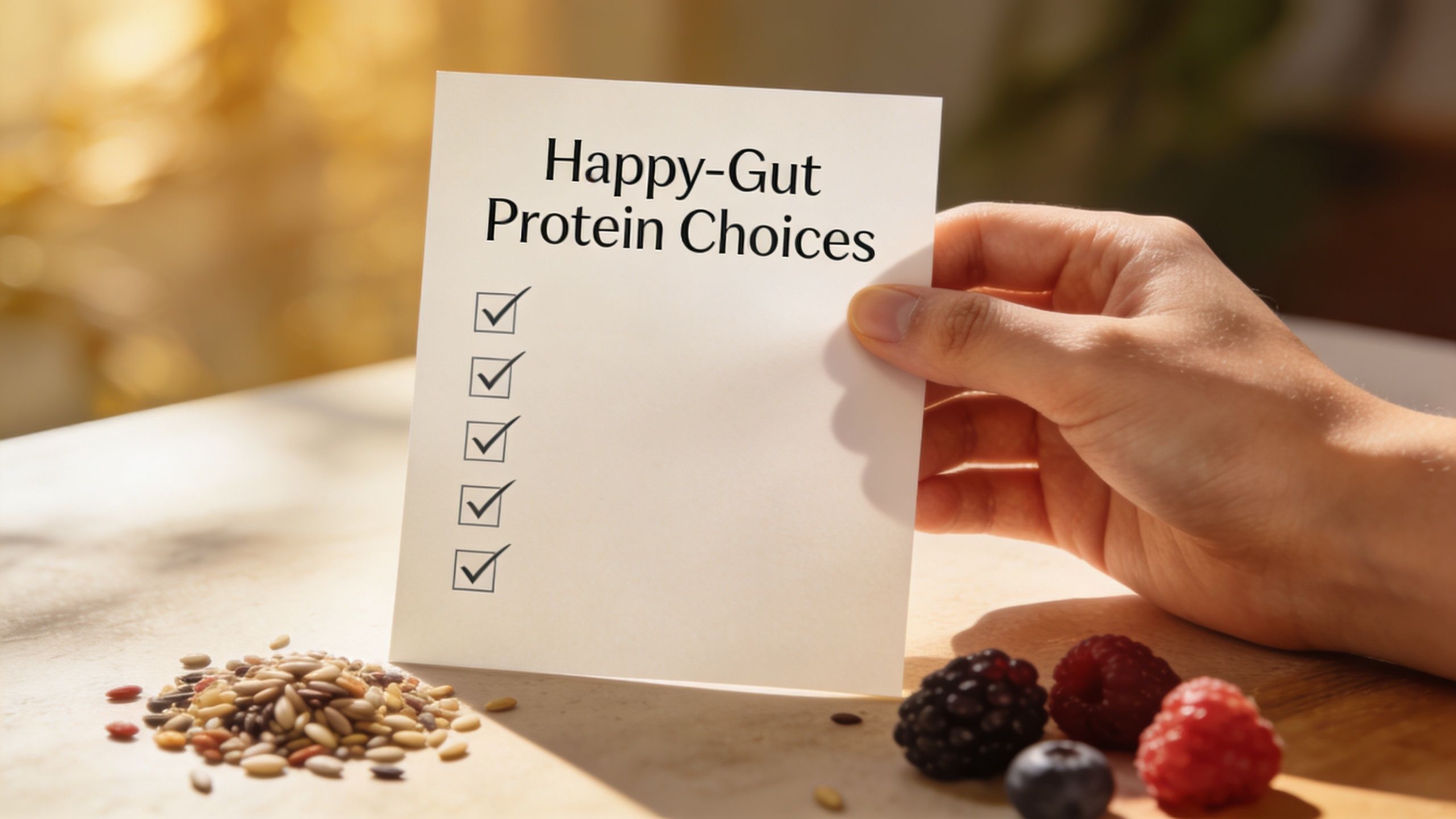 A hand holds a checklist titled Happy-Gut Protein Choices next to a pile of healthy grains and berries.