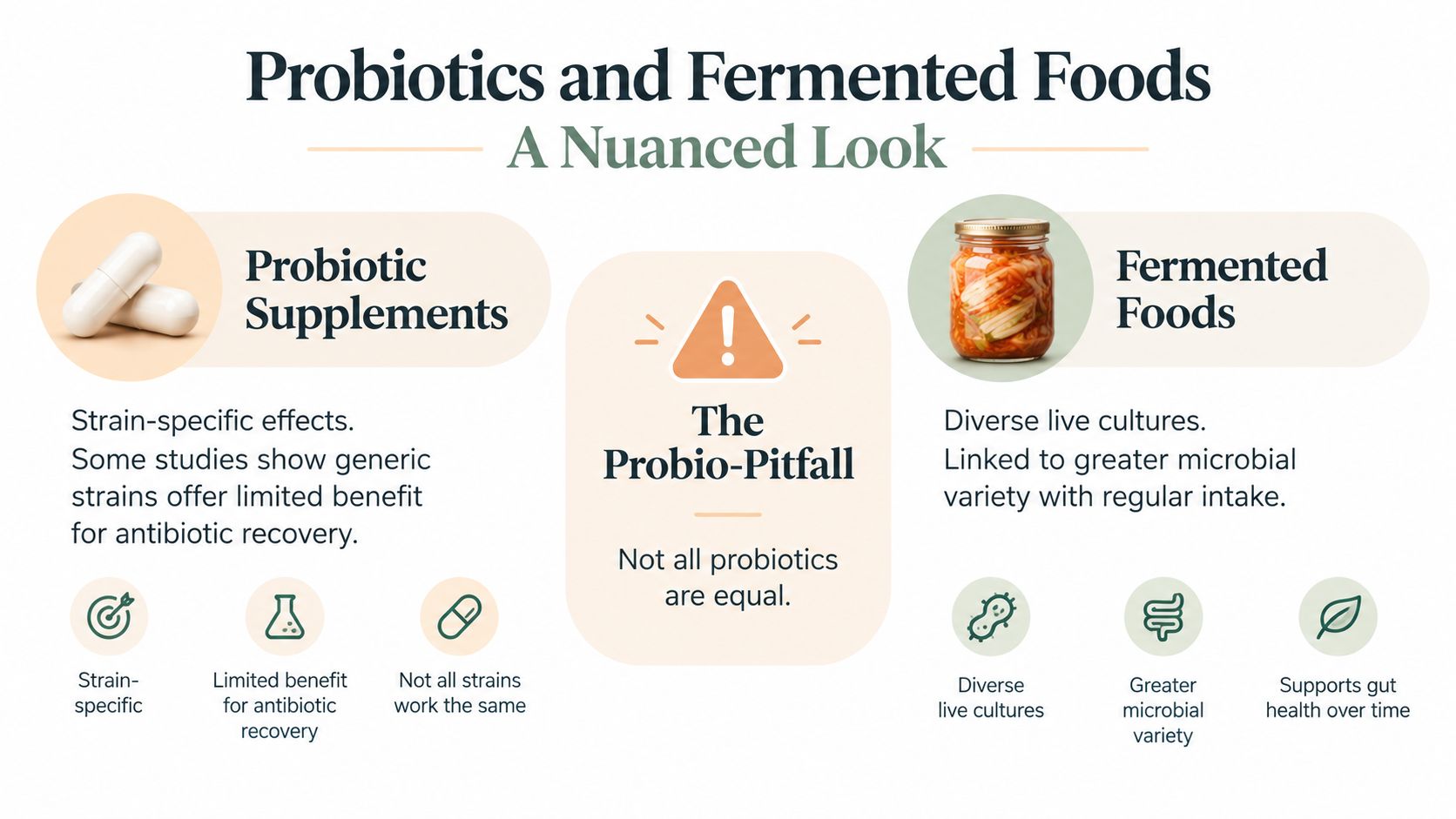 An infographic comparing probiotic supplements and fermented foods for gut health and restoring the microbiome.