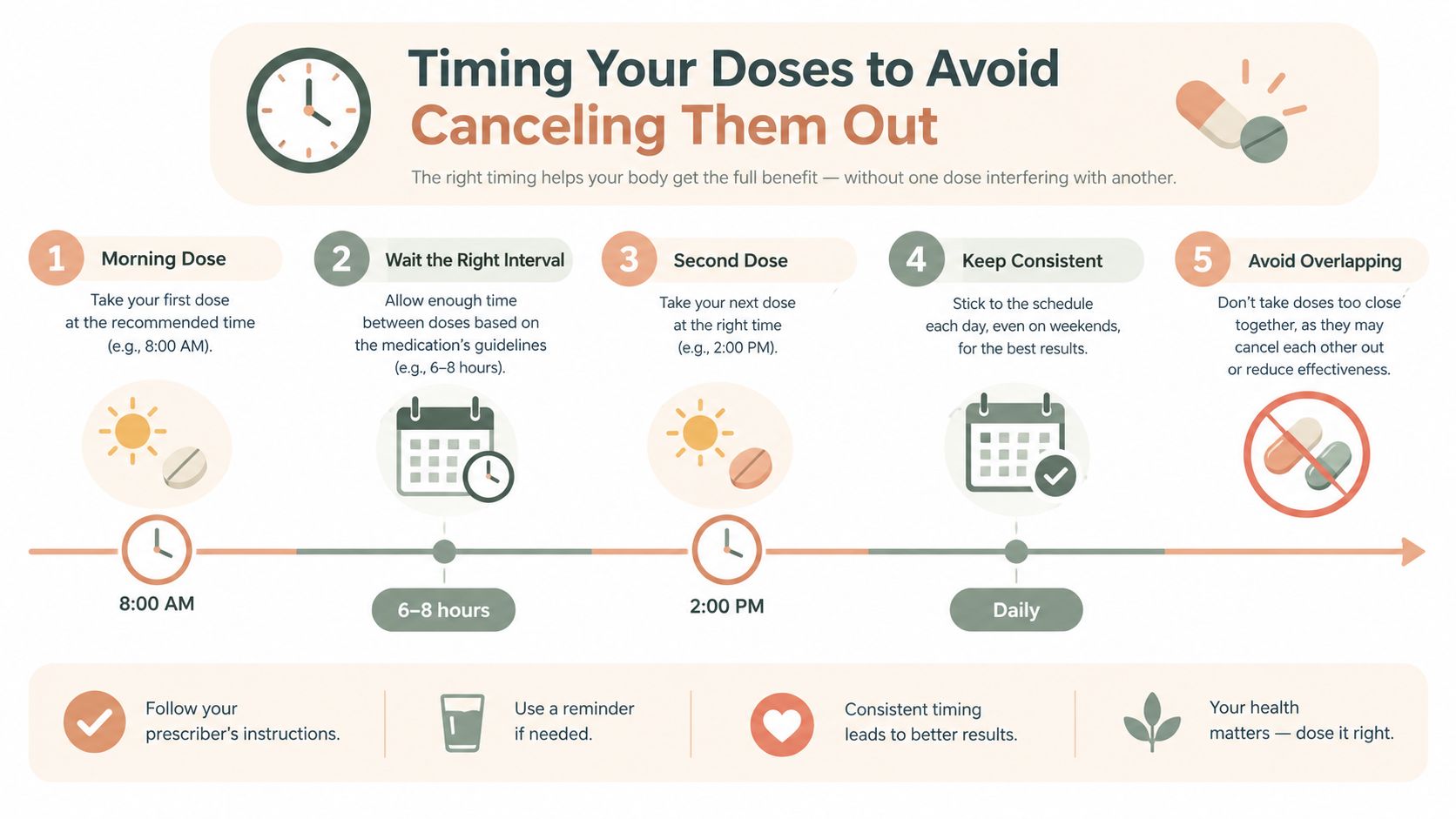 An infographic showing five steps for timing medication doses correctly to avoid interference or reduced effectiveness.