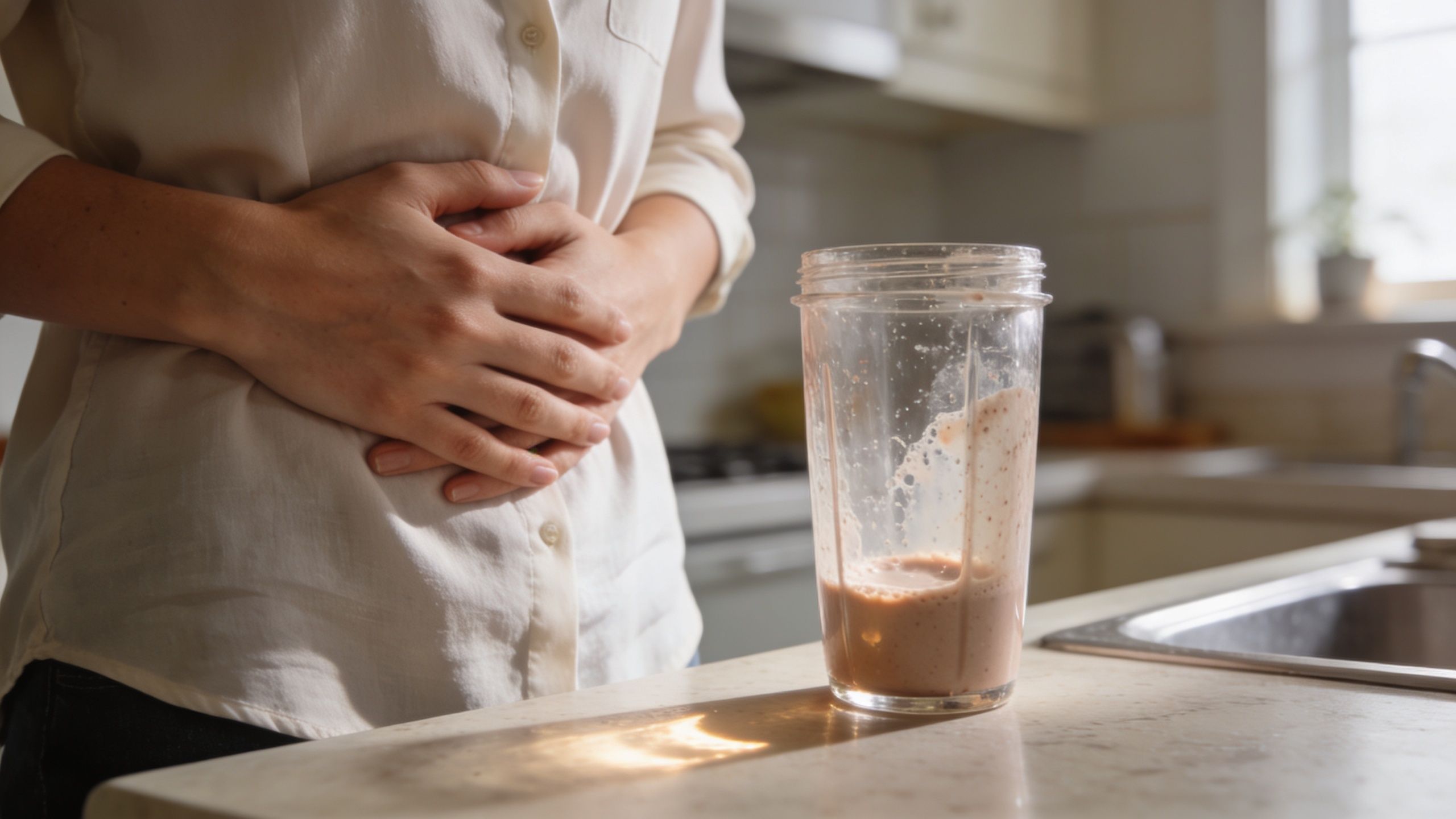 A woman holding her stomach in pain next to a blender cup with a protein smoothie.