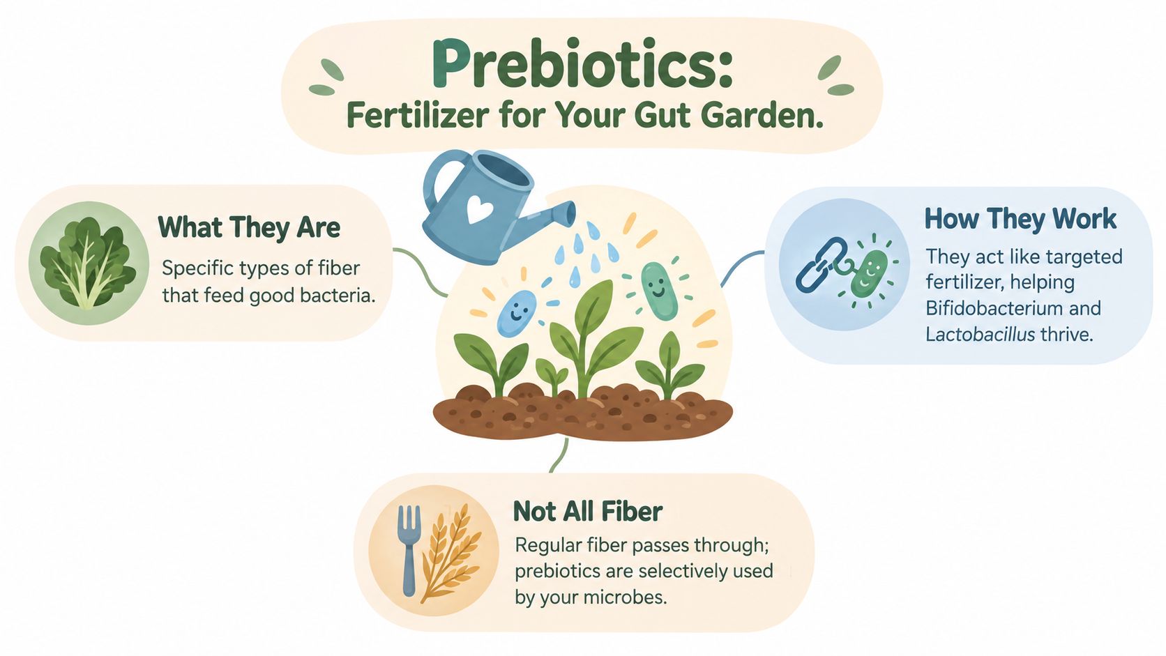 An infographic explaining that prebiotics are specific fibers that act as fertilizer for beneficial gut bacteria.