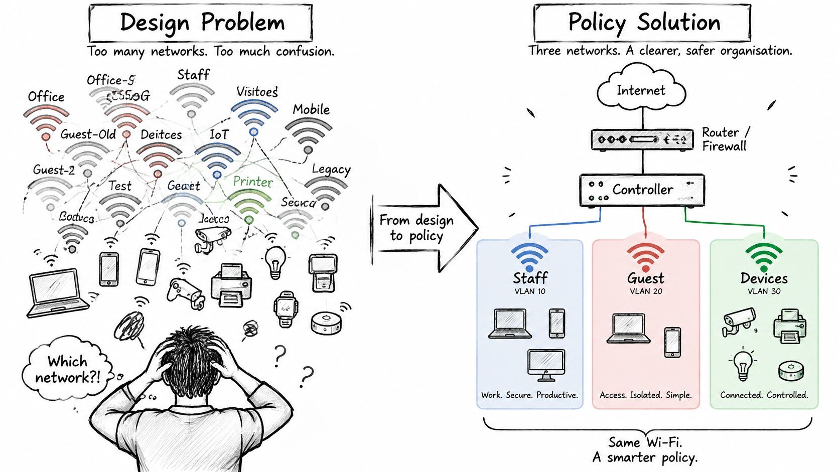 A diagram contrasting a confusing, cluttered network design with a streamlined, secure policy-based network solution.